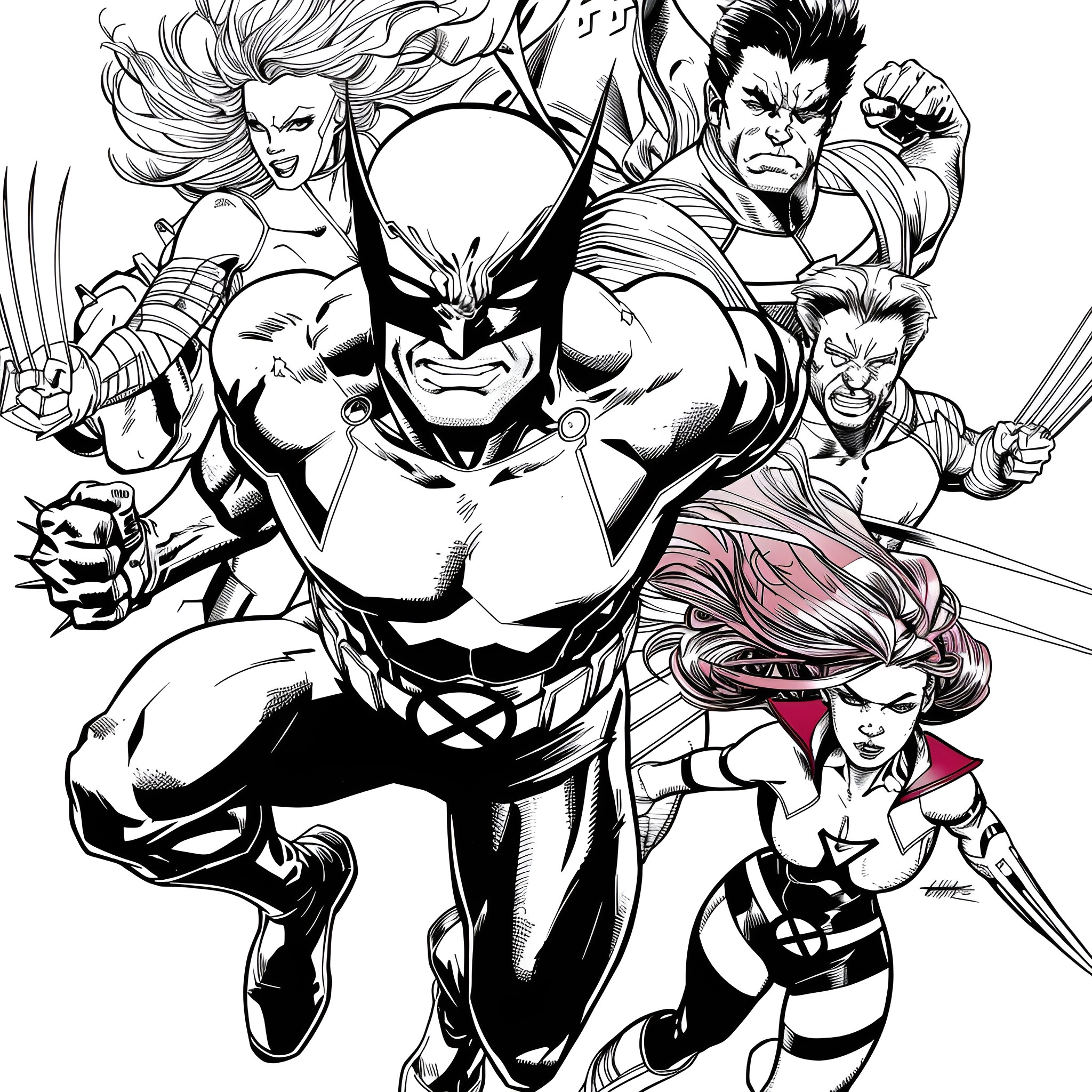 X-Men characters in dynamic battle poses, showcasing their powers and expressions Coloring Page (free black-and-white line drawing printable PDF for all, from beginners to advanced learners, including children, teens, adults, and seniors)