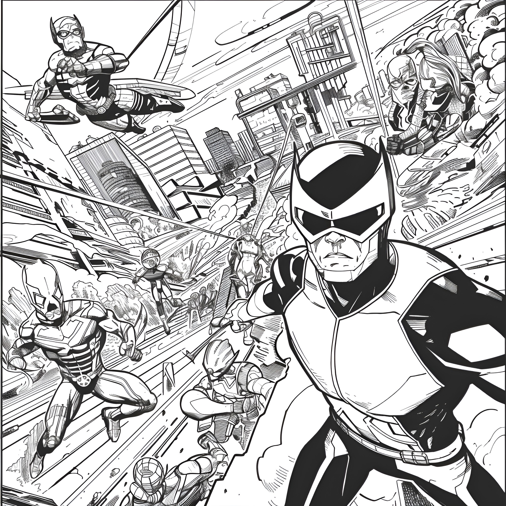 X-Men heroes battle villains in an action-packed city scene Coloring Page (free black-and-white line drawing printable PDF for all, from beginners to advanced learners, including children, teens, adults, and seniors)