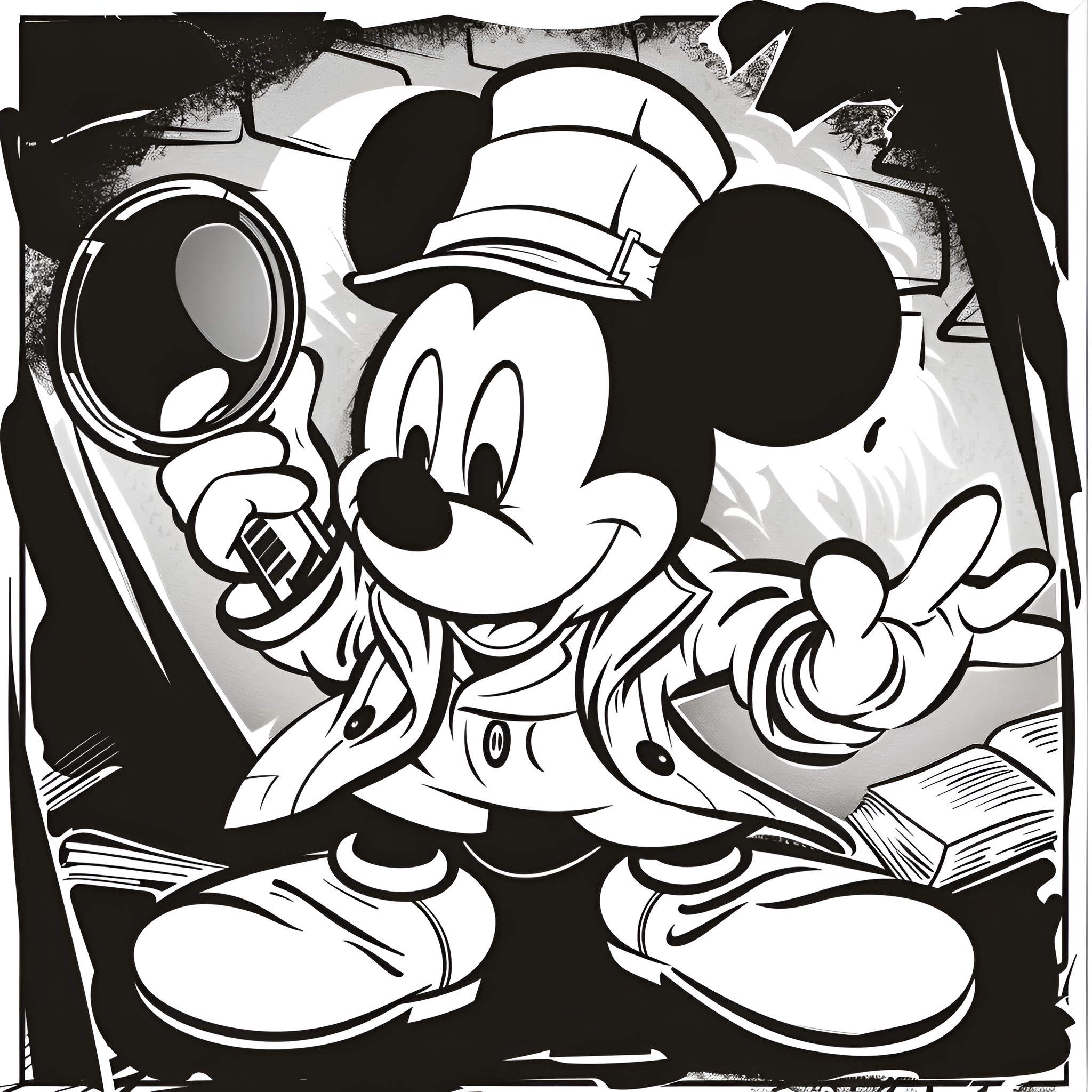 Mickey Mouse exploring with a magnifying glass Coloring Page (free black-and-white line drawing printable PDF for all, from beginners to advanced learners, including children, teens, adults, and seniors)