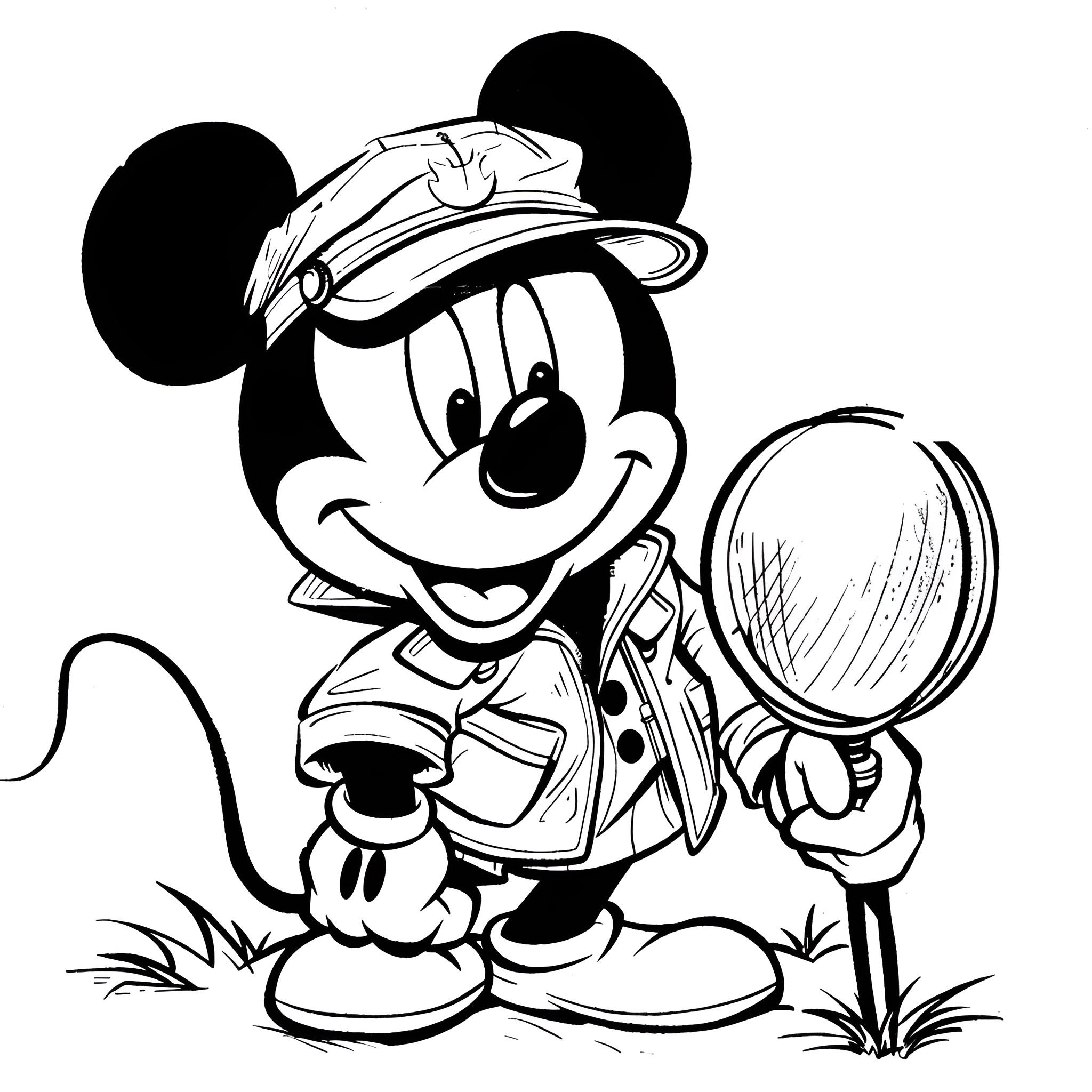 Mickey Mouse the Friendly Explorer Coloring Page (free black-and-white line drawing printable PDF for all, from beginners to advanced learners, including children, teens, adults, and seniors)