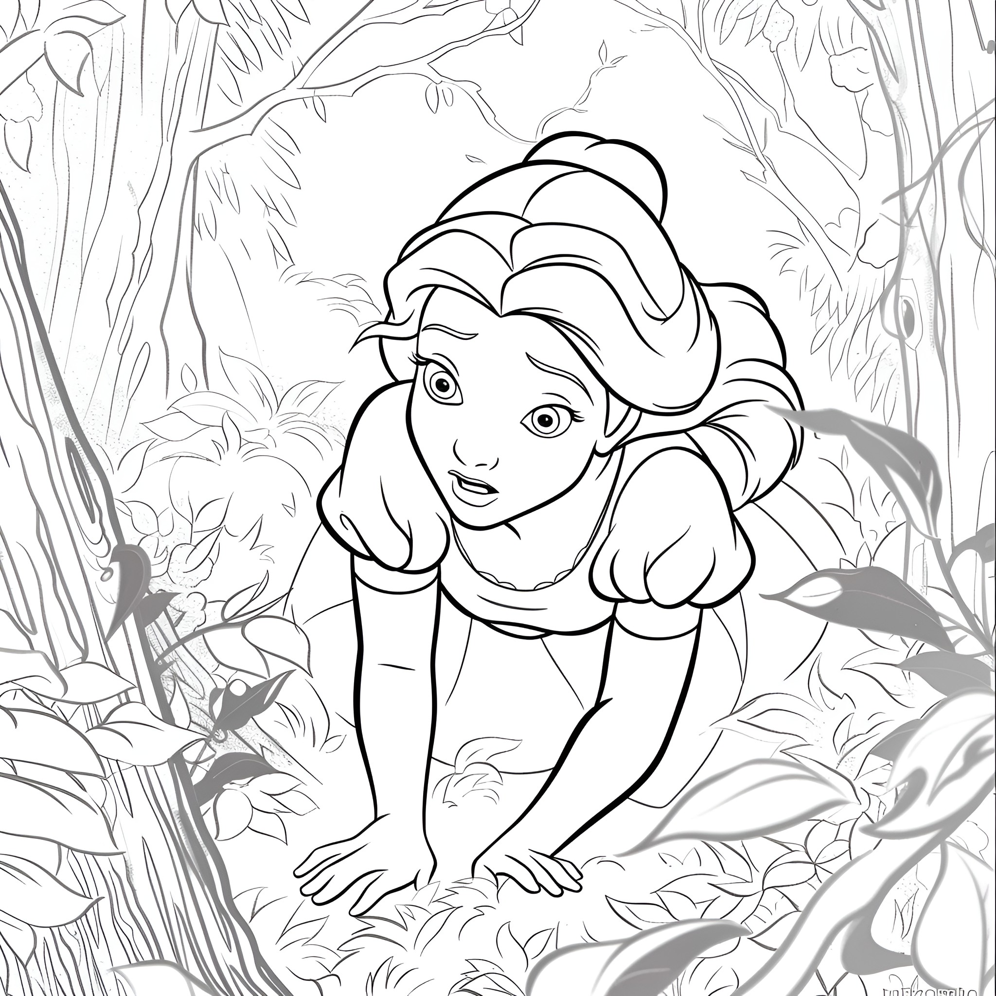 Disney Princess exploring the enchanted forest Coloring Page (free black-and-white line drawing printable PDF for all, from beginners to advanced learners, including children, teens, adults, and seniors)