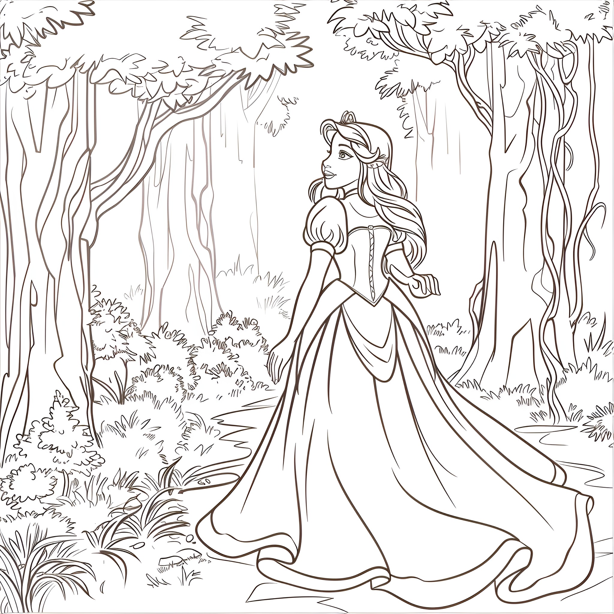 Disney Princess walking through enchanted forest Coloring Page (free black-and-white line drawing printable PDF for all, from beginners to advanced learners, including children, teens, adults, and seniors)