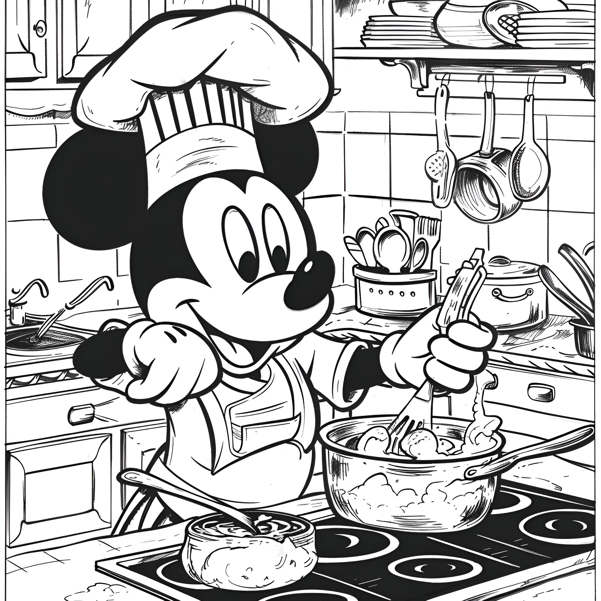 Mickey Mouse cooking up culinary delights Coloring Page (free black-and-white line drawing printable PDF for all, from beginners to advanced learners, including children, teens, adults, and seniors)