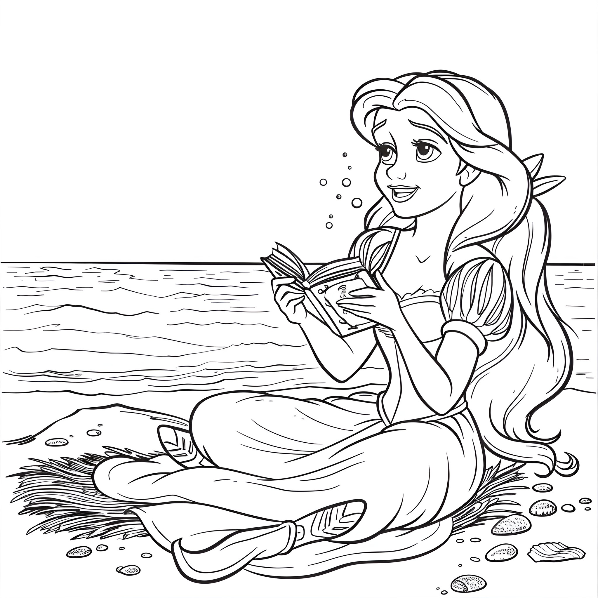 Disney Princess reading a book on the beach Coloring Page (free black-and-white line drawing printable PDF for all, from beginners to advanced learners, including children, teens, adults, and seniors)
