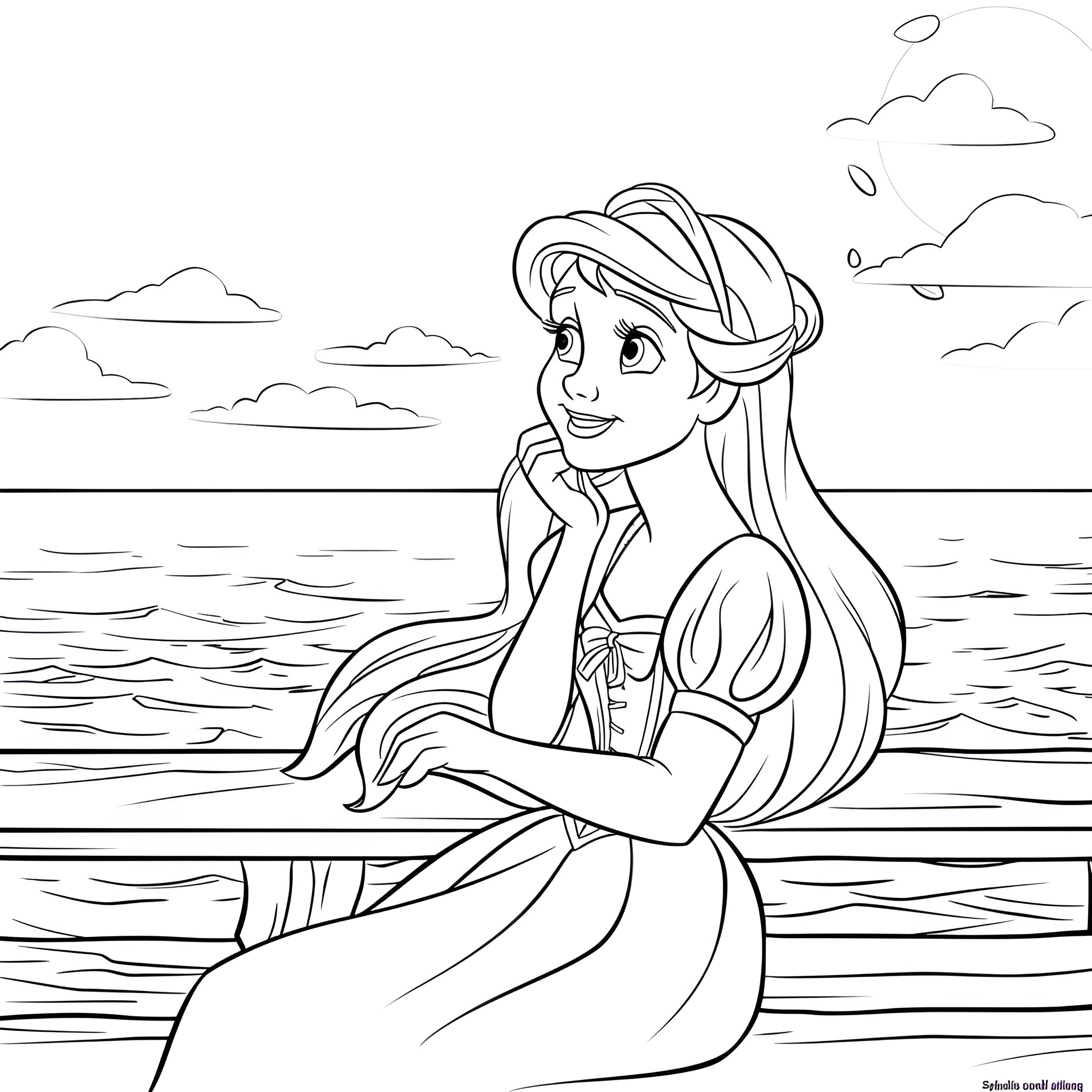 Disney Princess Ariel gazes over the sea Coloring Page (free black-and-white line drawing printable PDF for all, from beginners to advanced learners, including children, teens, adults, and seniors)