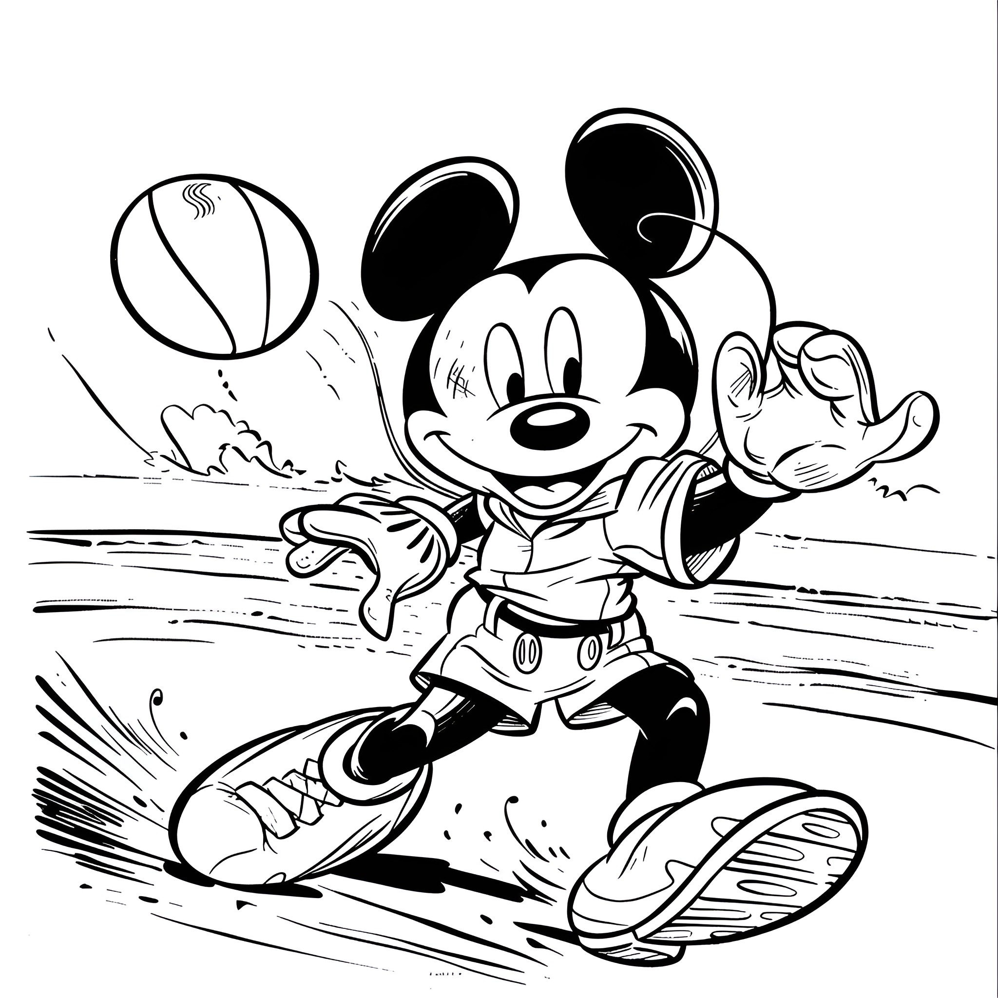 Mickey Mouse surfing the waves Coloring Page (free black-and-white line drawing printable PDF for all, from beginners to advanced learners, including children, teens, adults, and seniors)