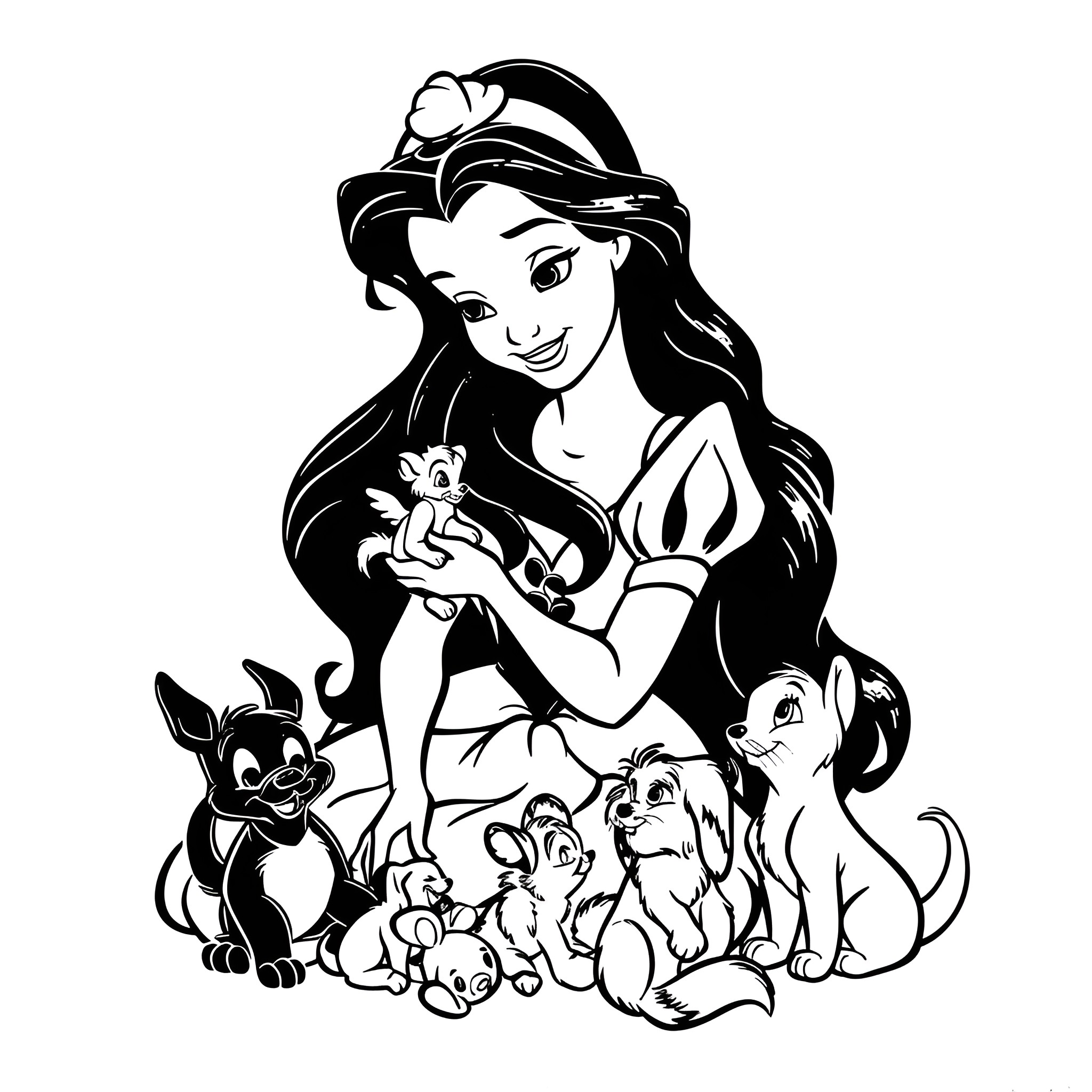 Disney Princess Belle surrounded by animal friends Coloring Page (free black-and-white line drawing printable PDF for all, from beginners to advanced learners, including children, teens, adults, and seniors)