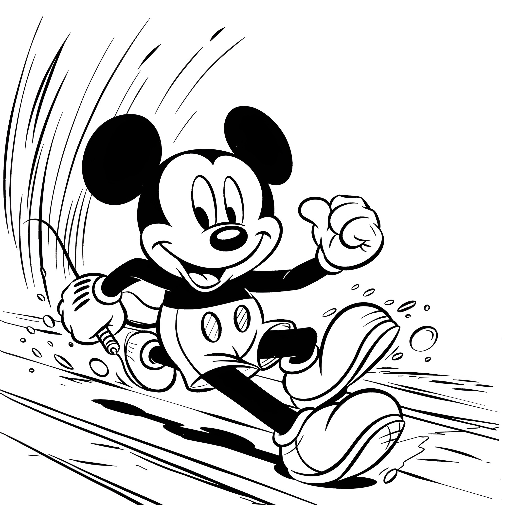 Mickey Mouse zipping through the waves Coloring Page (free black-and-white line drawing printable PDF for all, from beginners to advanced learners, including children, teens, adults, and seniors)