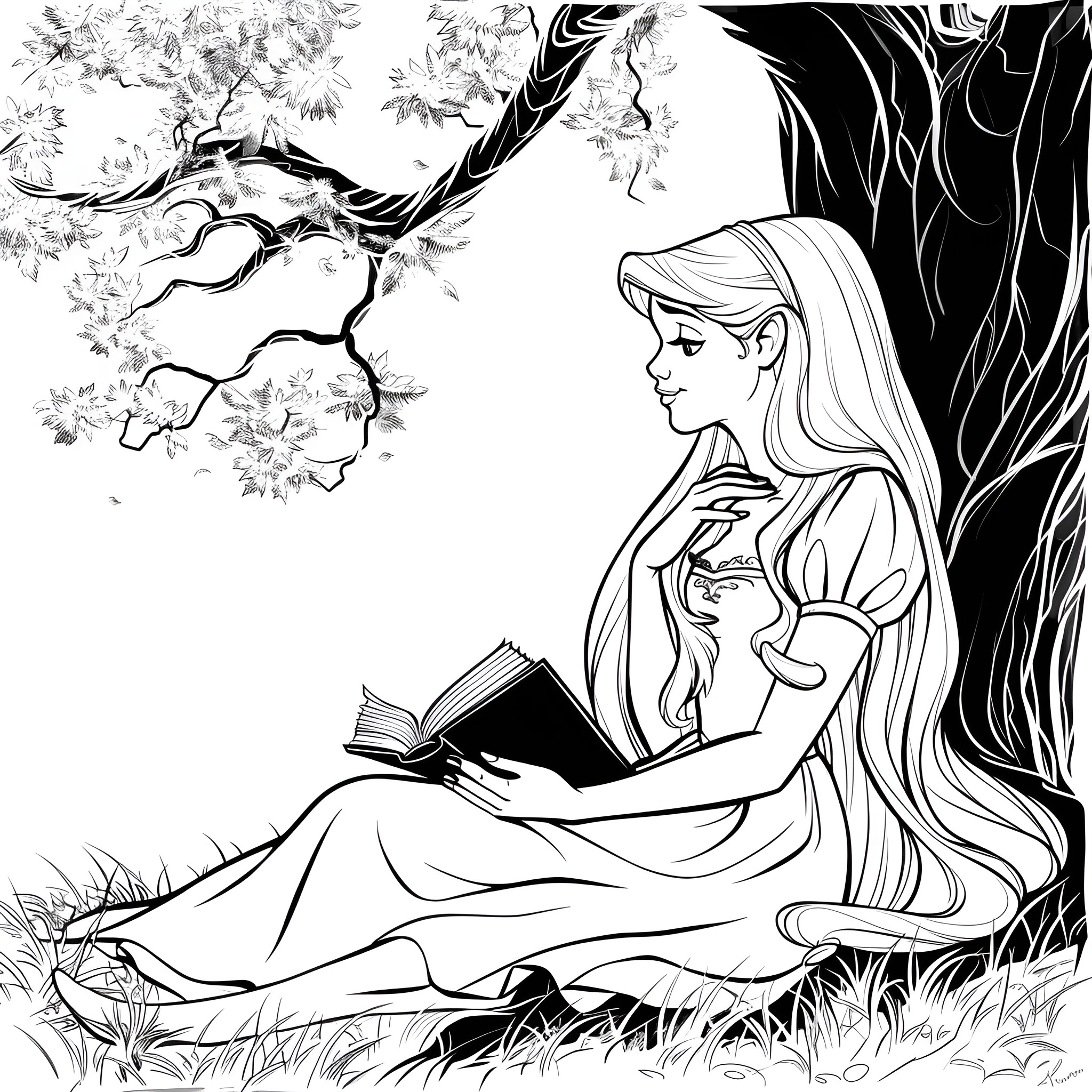 Disney Princess reading a book in nature Coloring Page (free black-and-white line drawing printable PDF for all, from beginners to advanced learners, including children, teens, adults, and seniors)