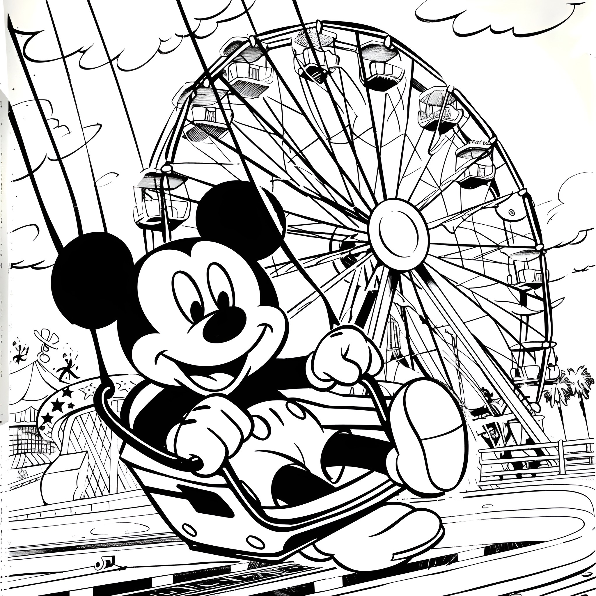 Mickey Mouse enjoys ferris wheel ride at the carnival Coloring Page (free black-and-white line drawing printable PDF for all, from beginners to advanced learners, including children, teens, adults, and seniors)