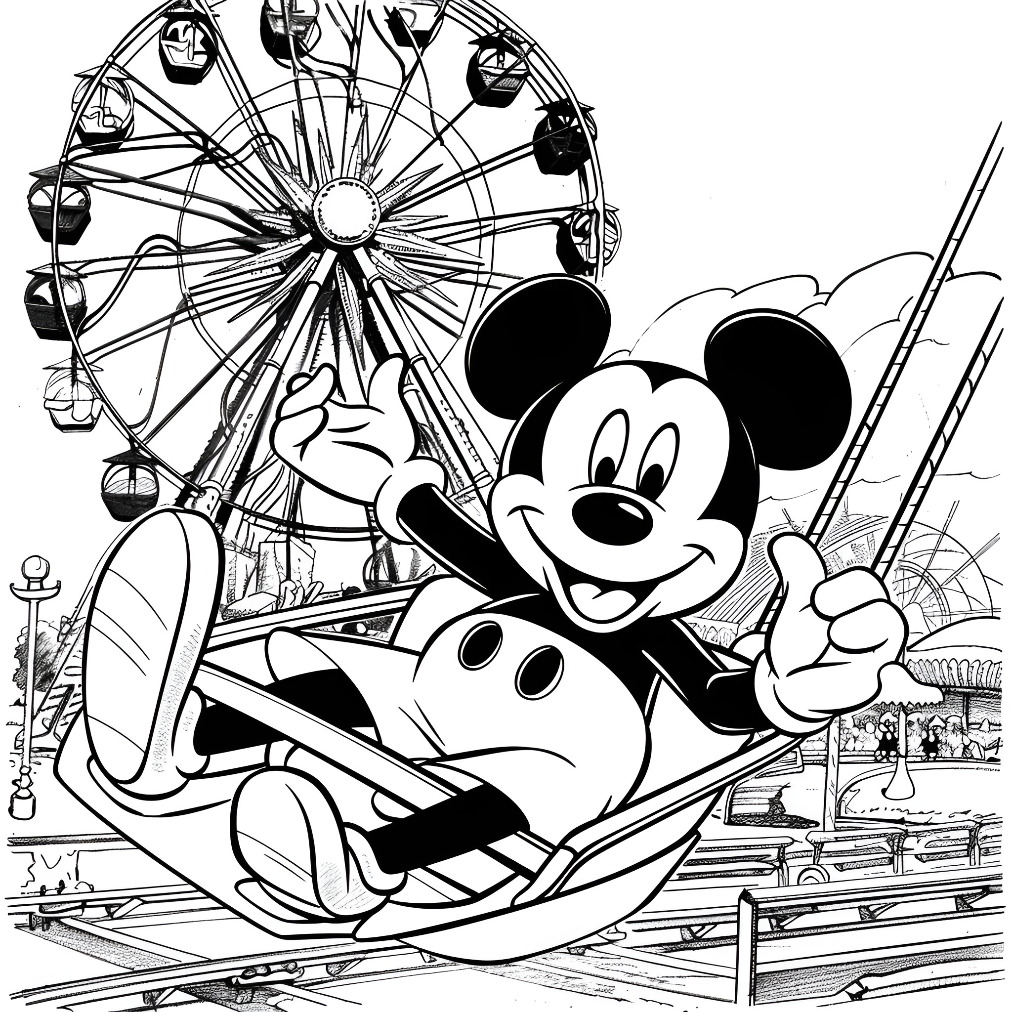 Mickey Mouse enjoying the amusement park ride Coloring Page (free black-and-white line drawing printable PDF for all, from beginners to advanced learners, including children, teens, adults, and seniors)