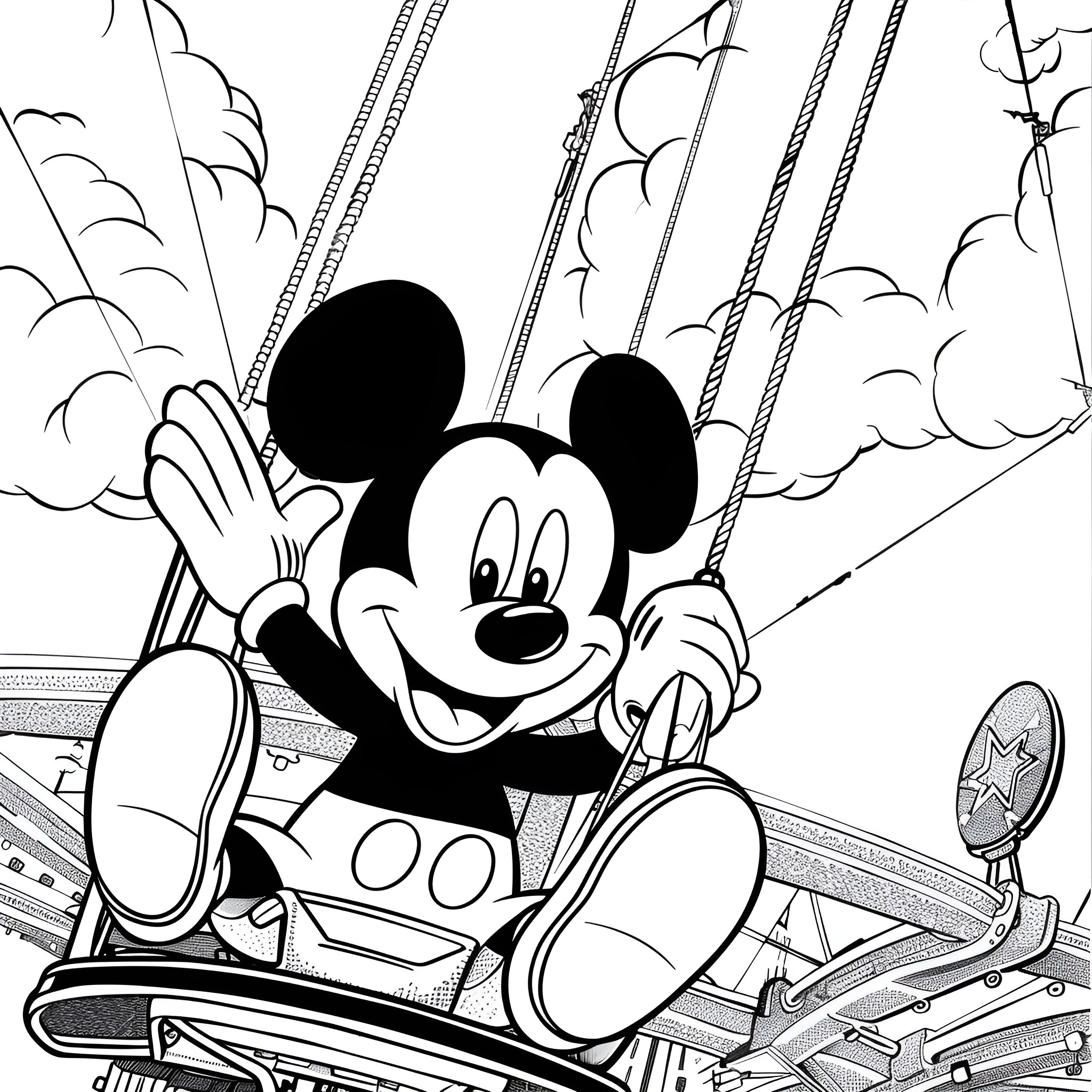 Mickey Mouse's Swinging Amusement Park Adventure Coloring Page (free black-and-white line drawing printable PDF for all, from beginners to advanced learners, including children, teens, adults, and seniors)