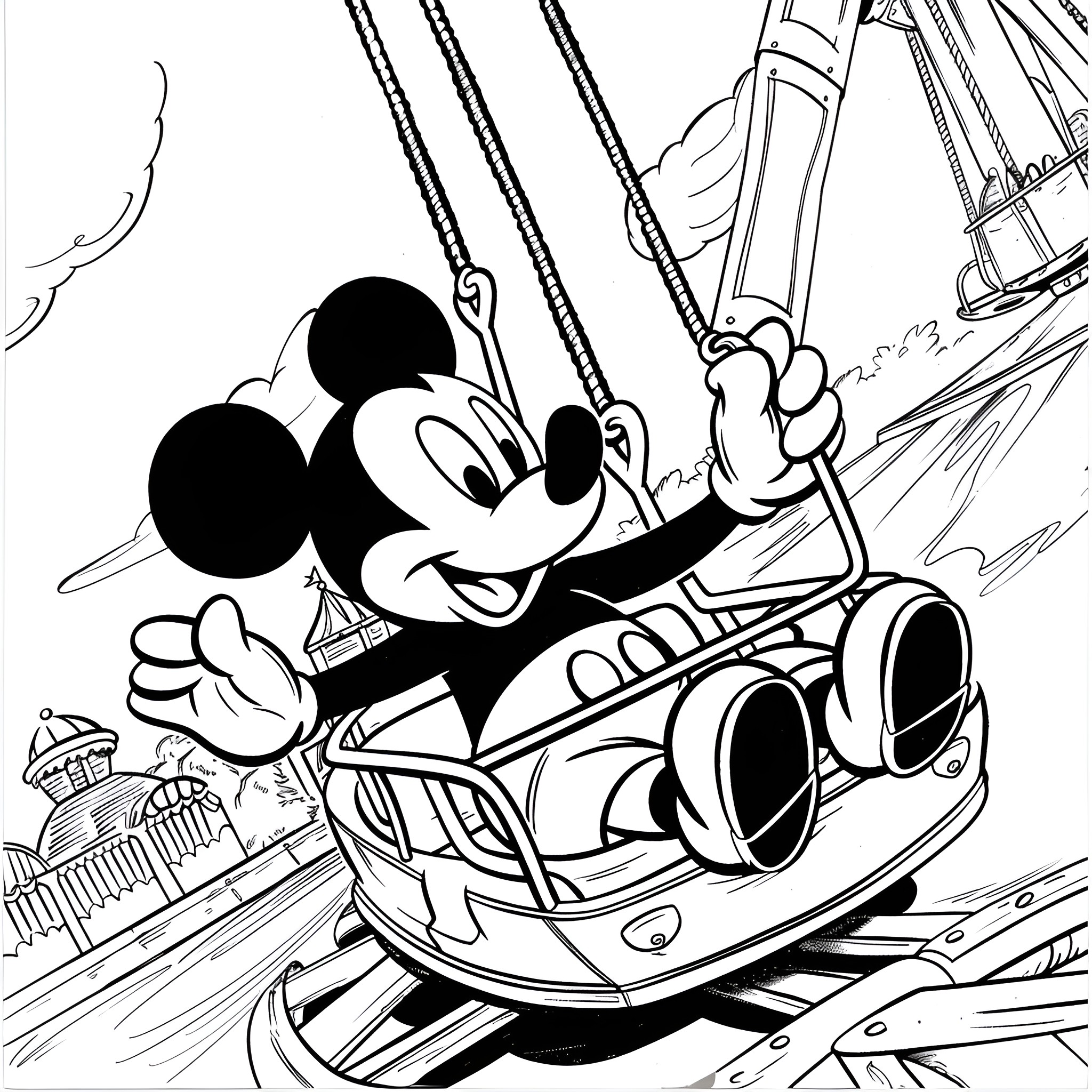 Mickey Mouse rides thrilling amusement park ride Coloring Page (free black-and-white line drawing printable PDF for all, from beginners to advanced learners, including children, teens, adults, and seniors)