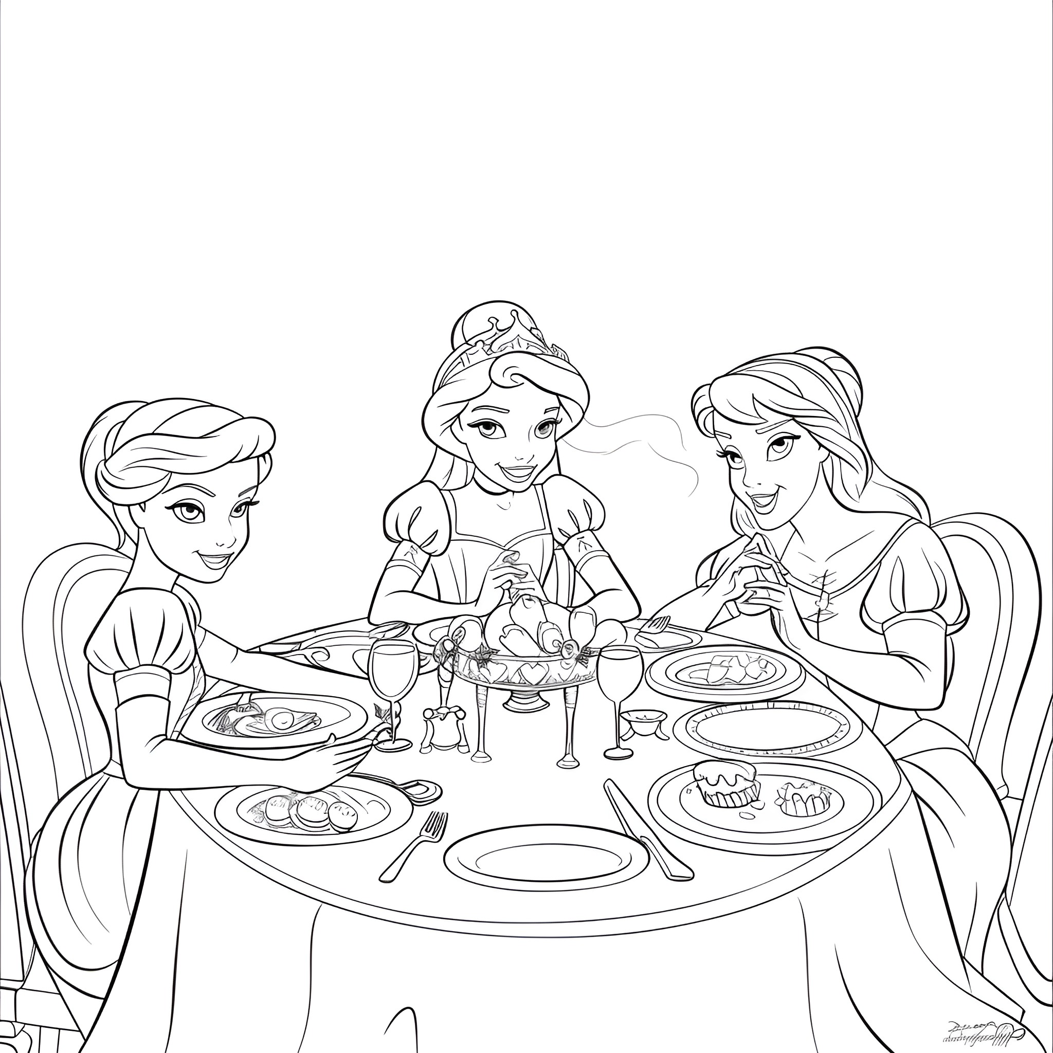 Disney Princesses Enjoying a Royal Banquet Coloring Page (free black-and-white line drawing printable PDF for all, from beginners to advanced learners, including children, teens, adults, and seniors)