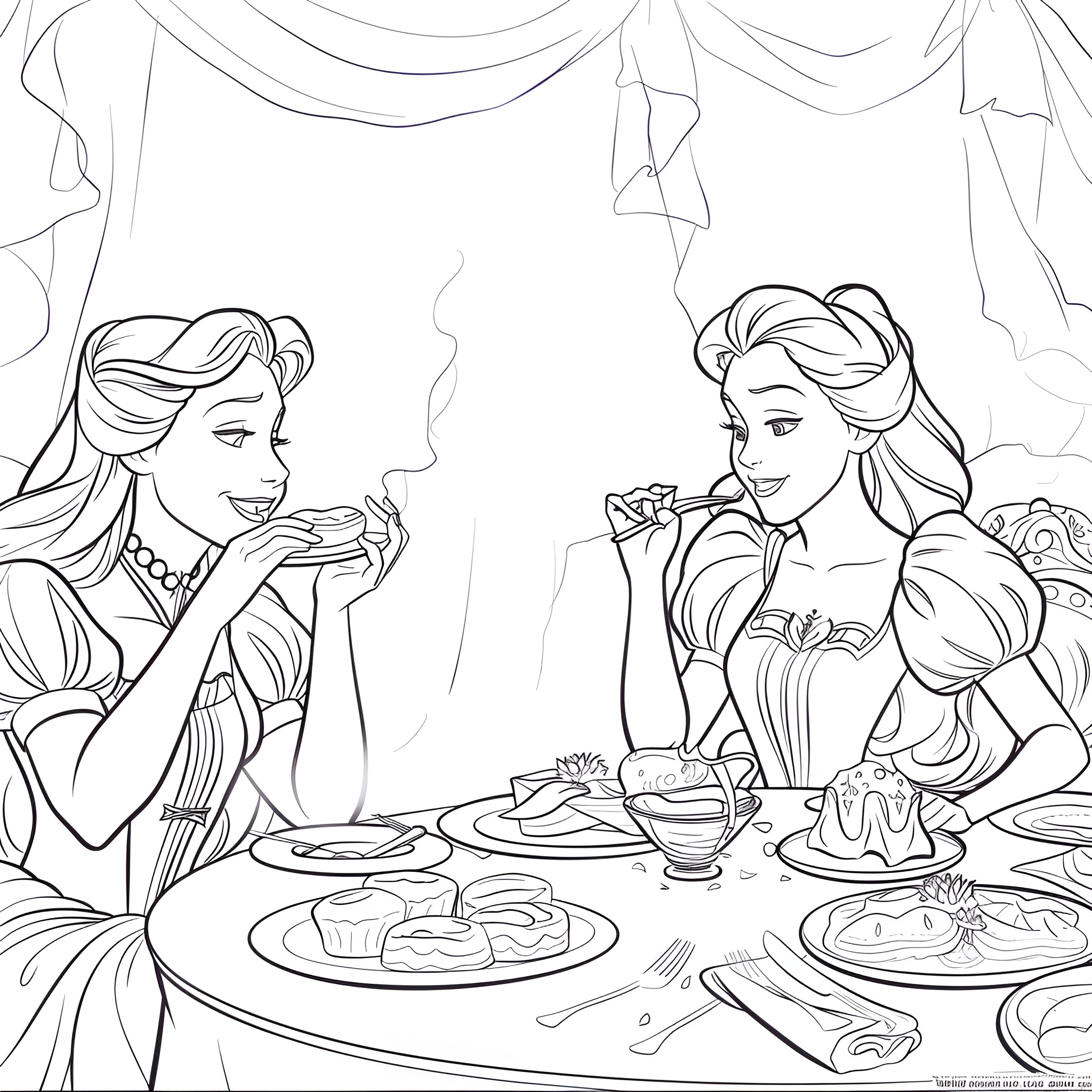 Disney Princesses Enjoying a Lavish Feast Coloring Page (free black-and-white line drawing printable PDF for all, from beginners to advanced learners, including children, teens, adults, and seniors)
