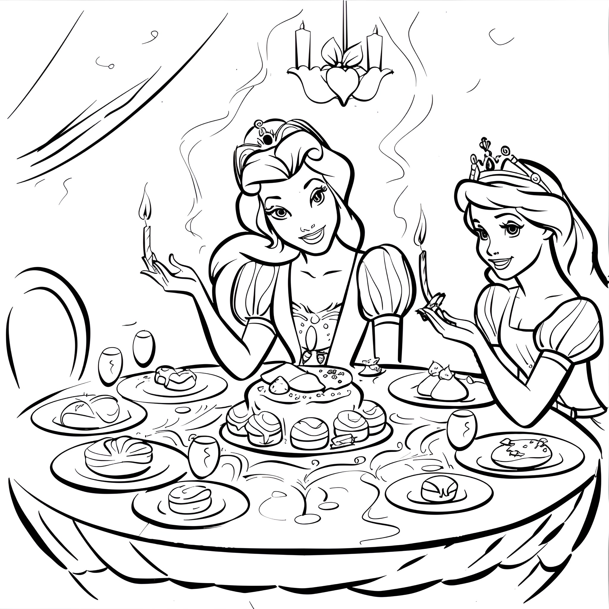 Disney Princess Enjoying Royal Feast Coloring Page (free black-and-white line drawing printable PDF for all, from beginners to advanced learners, including children, teens, adults, and seniors)