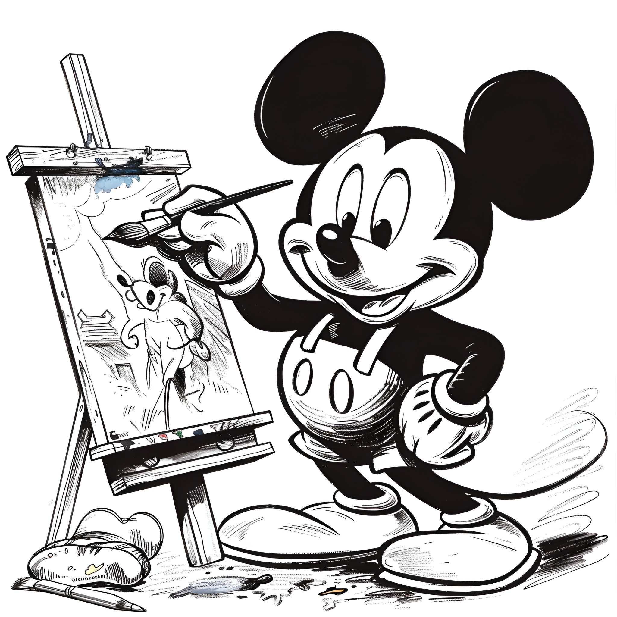 Mickey Mouse painting with joy Coloring Page (free black-and-white line drawing printable PDF for all, from beginners to advanced learners, including children, teens, adults, and seniors)