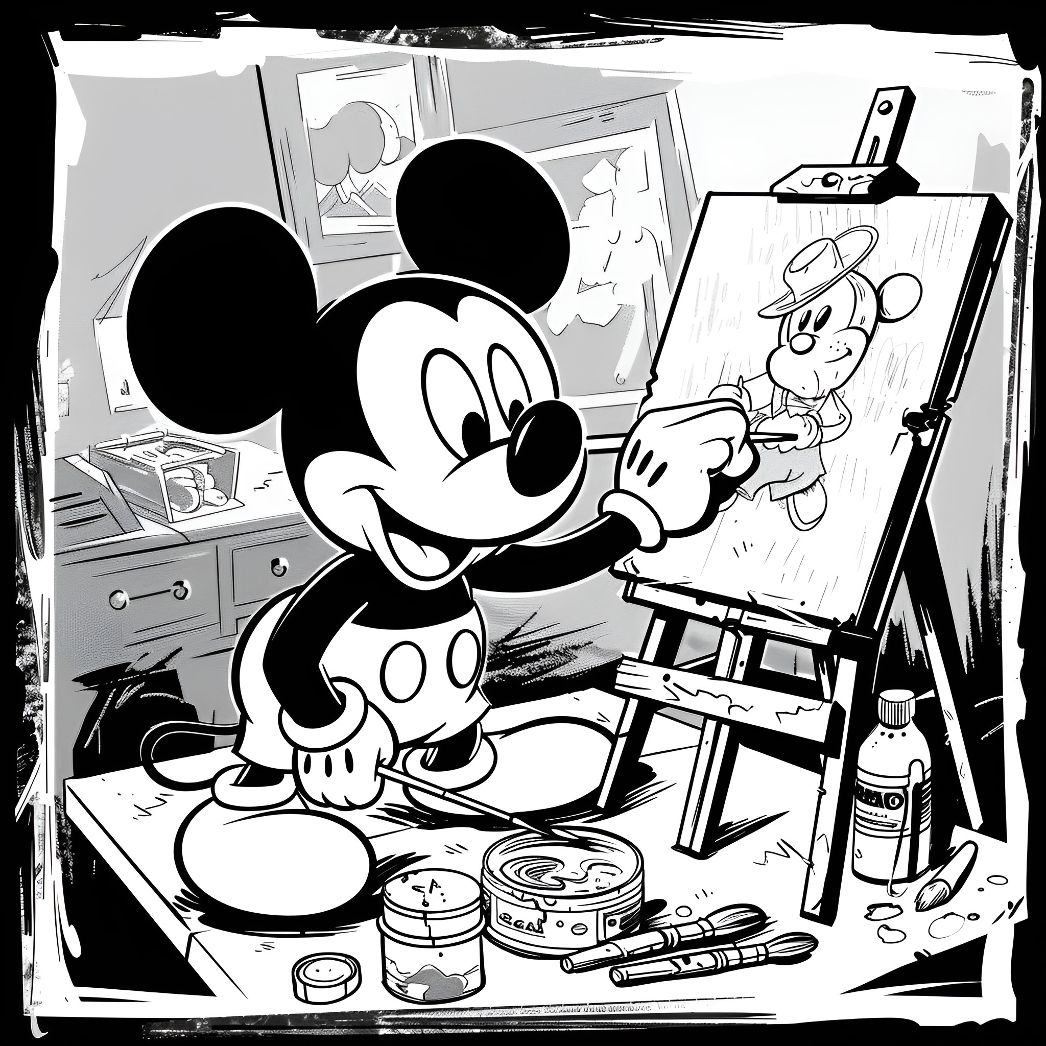 Mickey Mouse's Artistic Explorations Coloring Page (free black-and-white line drawing printable PDF for all, from beginners to advanced learners, including children, teens, adults, and seniors)