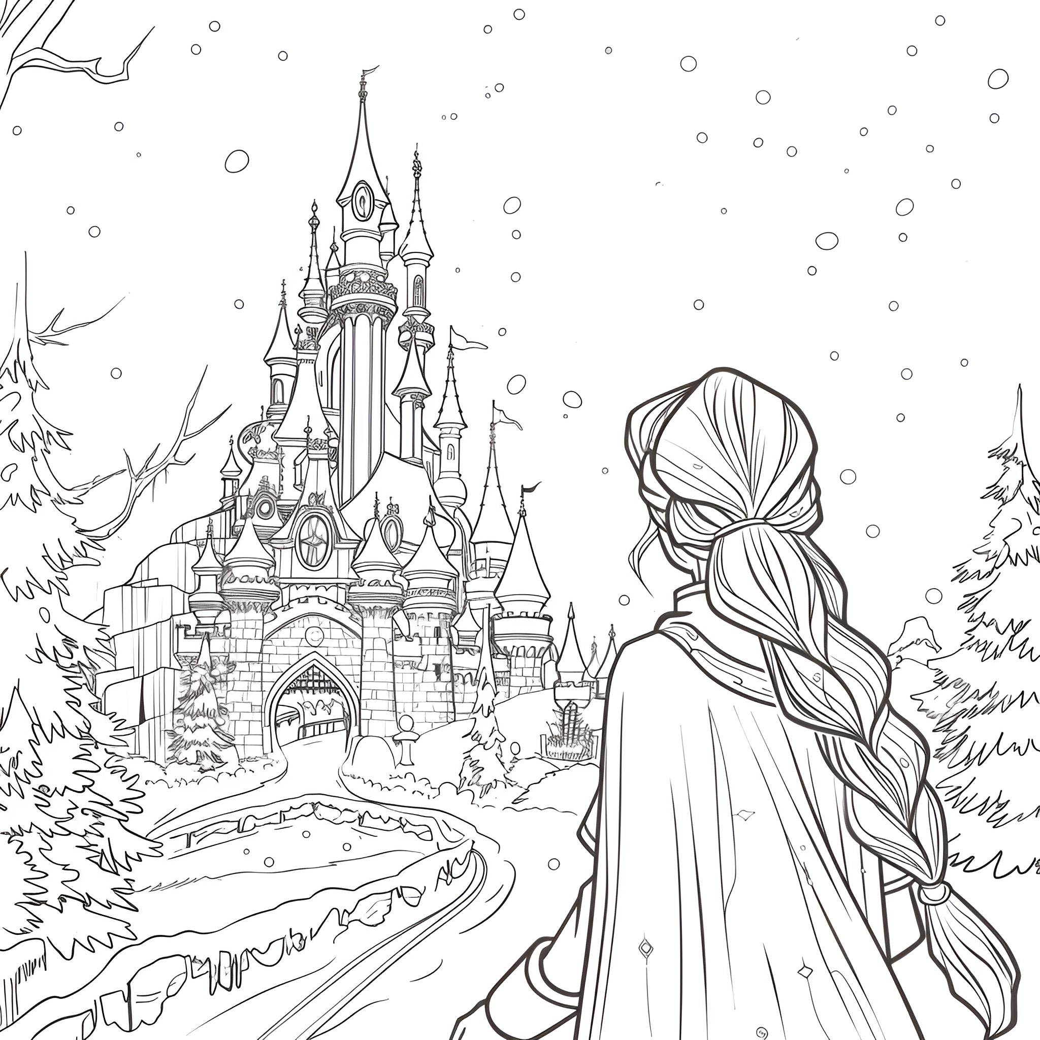 Disney Princess in Snowy Castle Wonderland Coloring Page (free black-and-white line drawing printable PDF for all, from beginners to advanced learners, including children, teens, adults, and seniors)