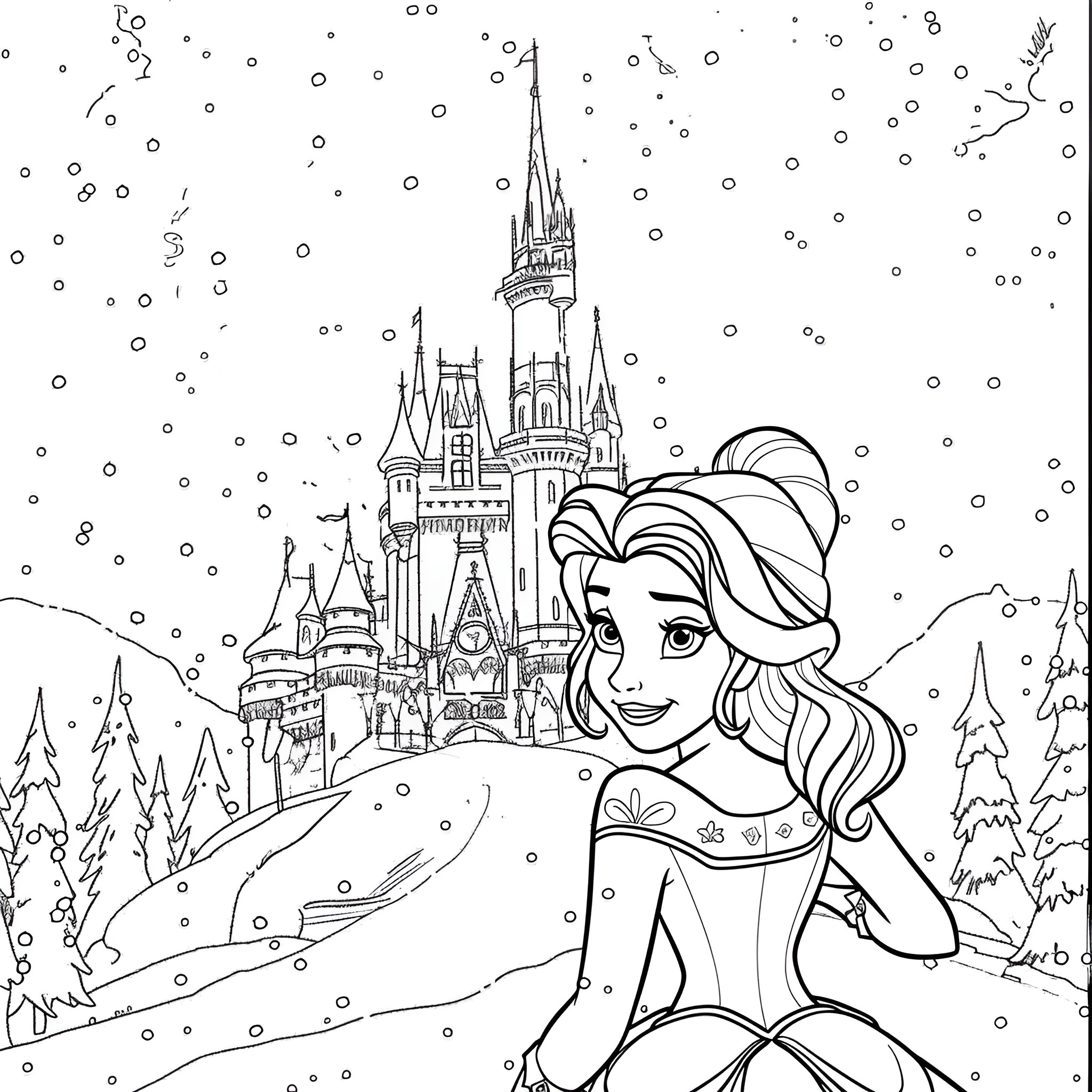 Disney Princess in Snowy Castle Wonderland Coloring Page (free black-and-white line drawing printable PDF for all, from beginners to advanced learners, including children, teens, adults, and seniors)