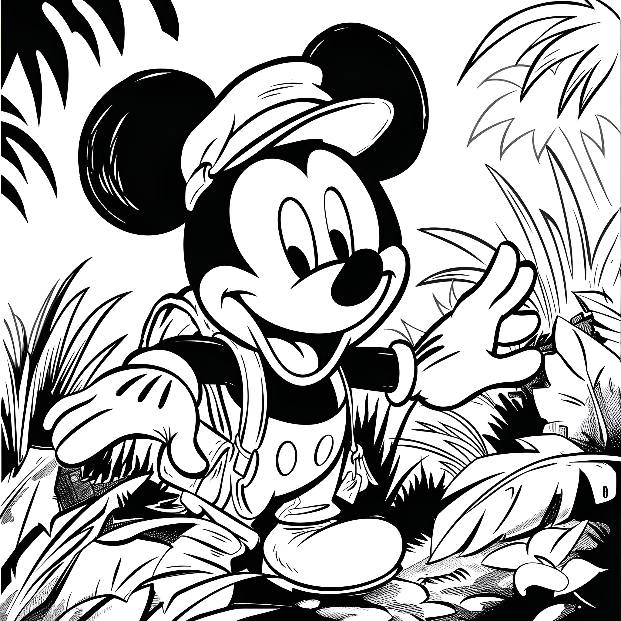 Mickey Mouse embarking on a tropical adventure Coloring Page (free black-and-white line drawing printable PDF for all, from beginners to advanced learners, including children, teens, adults, and seniors)