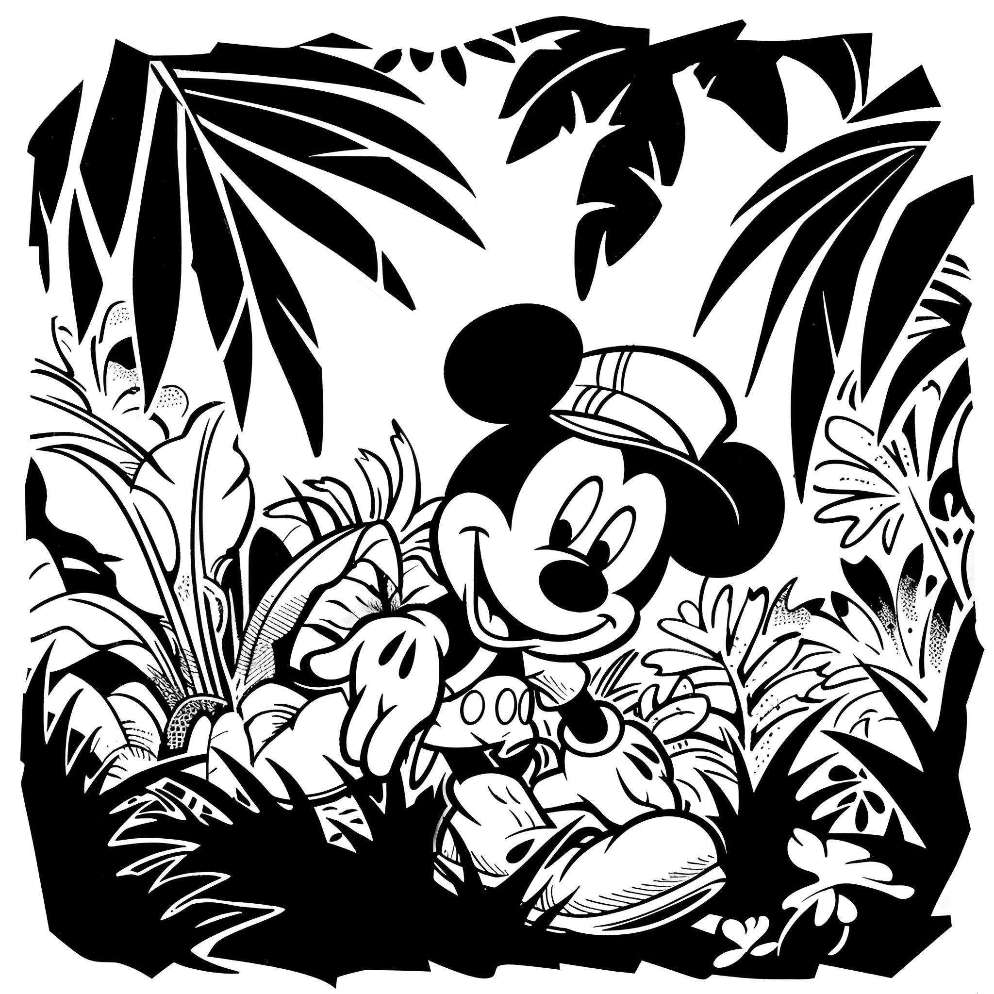 Mickey Mouse exploring tropical jungle Coloring Page (free black-and-white line drawing printable PDF for all, from beginners to advanced learners, including children, teens, adults, and seniors)