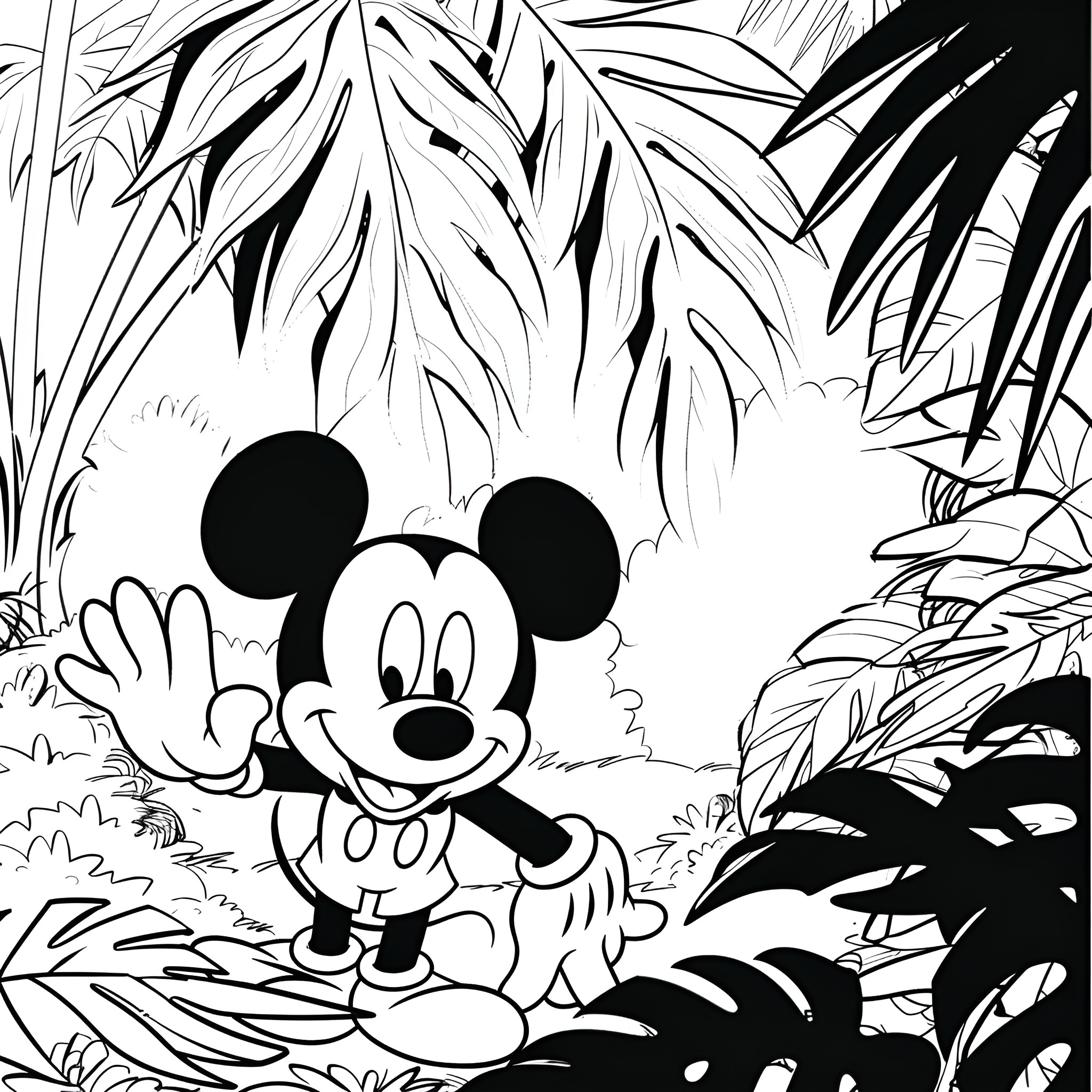 Mickey Mouse exploring the tropical jungle Coloring Page (free black-and-white line drawing printable PDF for all, from beginners to advanced learners, including children, teens, adults, and seniors)