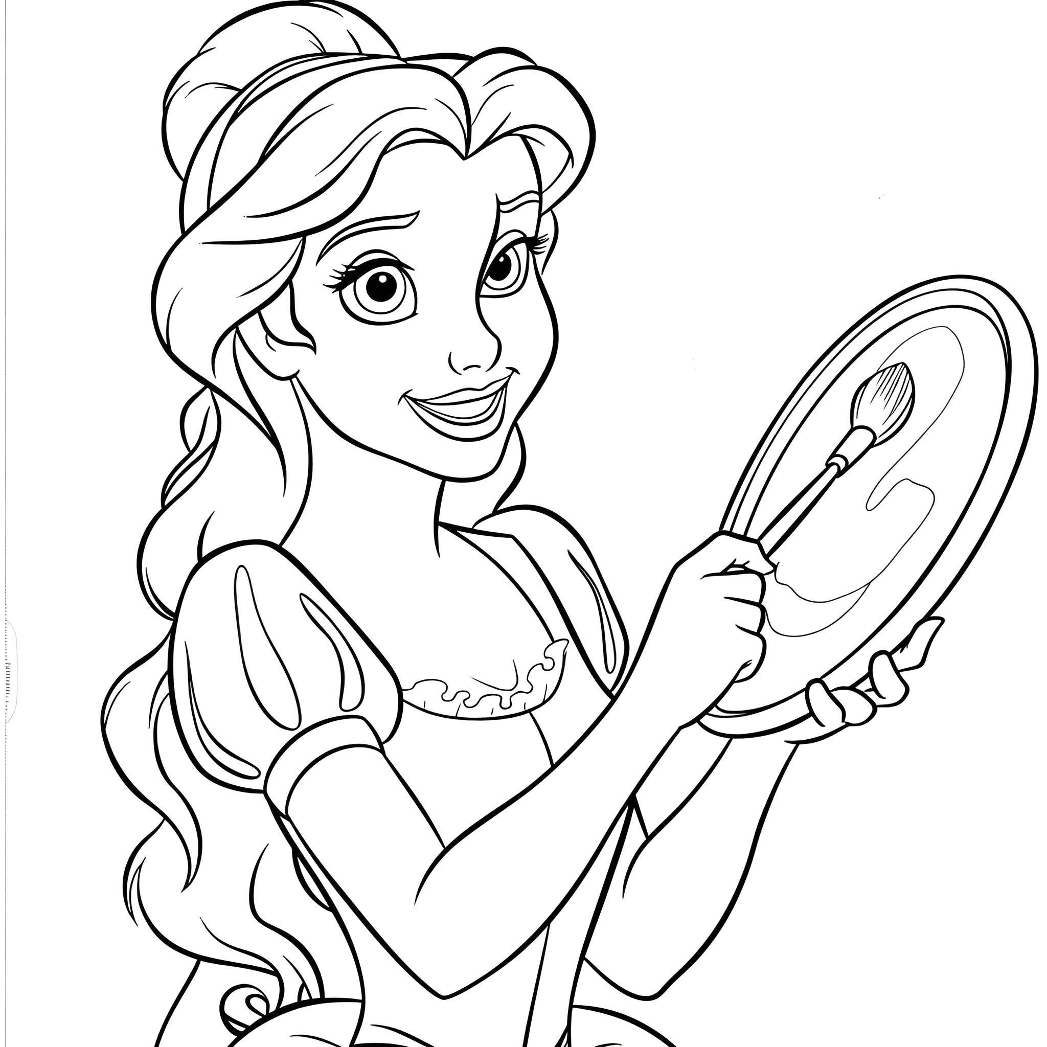 Disney Princess admiring herself in the mirror Coloring Page (free black-and-white line drawing printable PDF for all, from beginners to advanced learners, including children, teens, adults, and seniors)