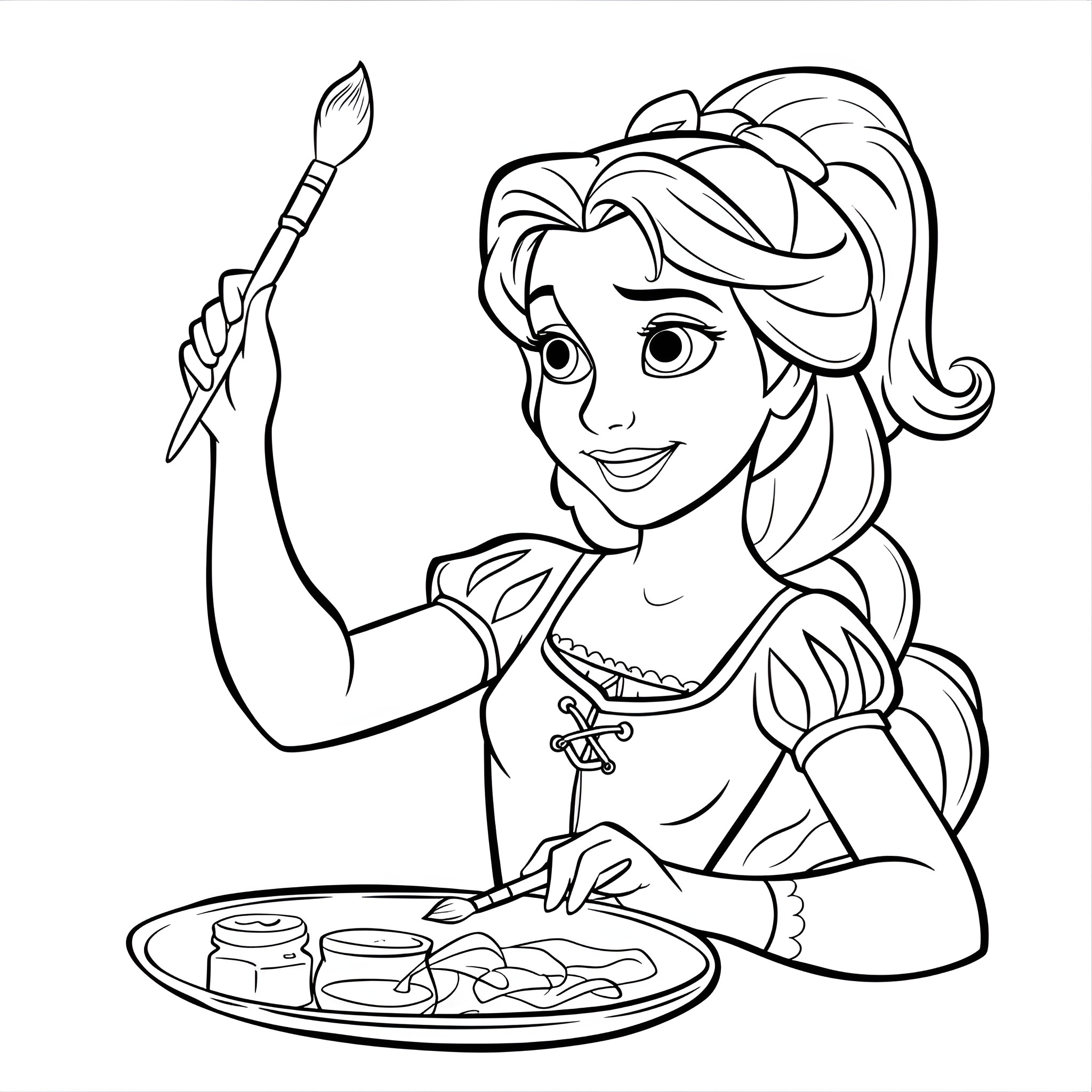 Disney Princess painting vibrant artwork Coloring Page (free black-and-white line drawing printable PDF for all, from beginners to advanced learners, including children, teens, adults, and seniors)