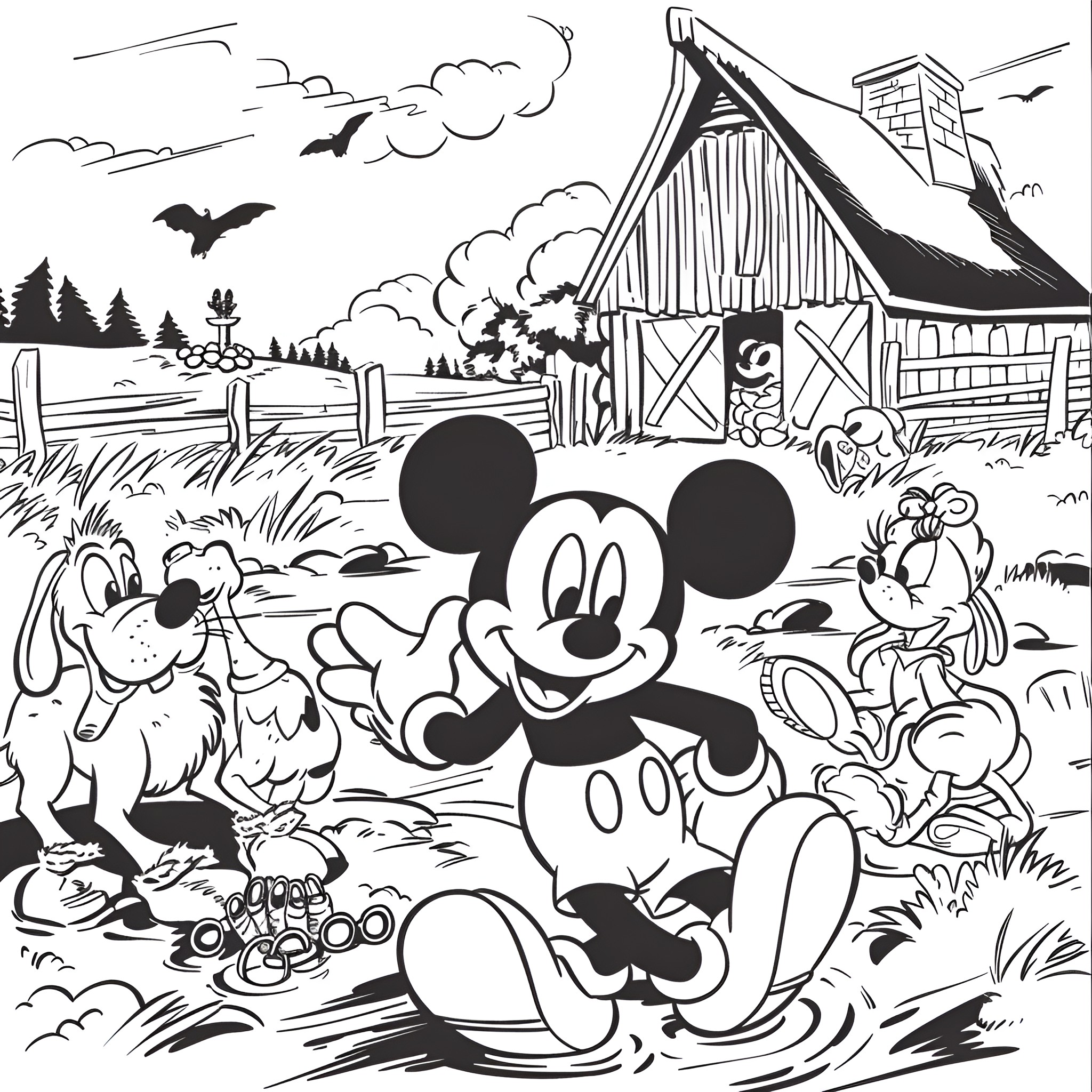 Mickey Mouse's Playful Farmyard Adventure Coloring Page (free black-and-white line drawing printable PDF for all, from beginners to advanced learners, including children, teens, adults, and seniors)