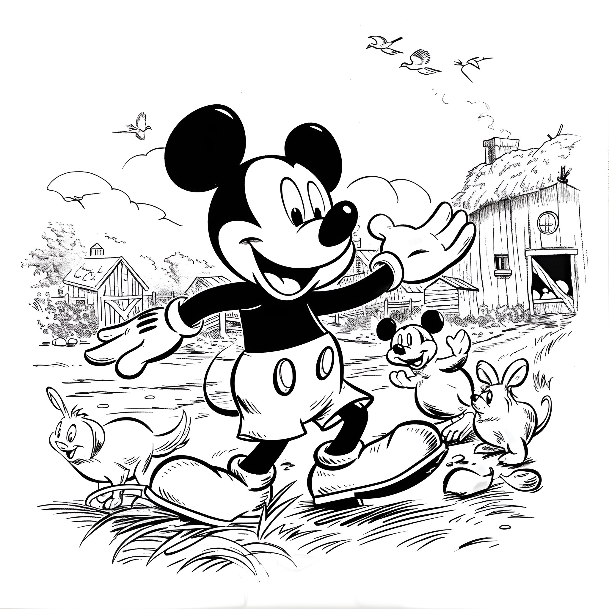 Mickey Mouse frolicking with animal friends Coloring Page (free black-and-white line drawing printable PDF for all, from beginners to advanced learners, including children, teens, adults, and seniors)
