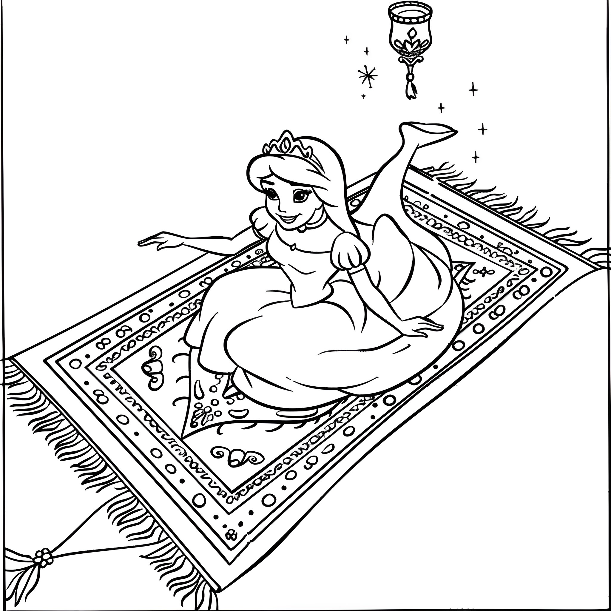 Disney Princess Jasmine riding magic carpet Coloring Page (free black-and-white line drawing printable PDF for all, from beginners to advanced learners, including children, teens, adults, and seniors)