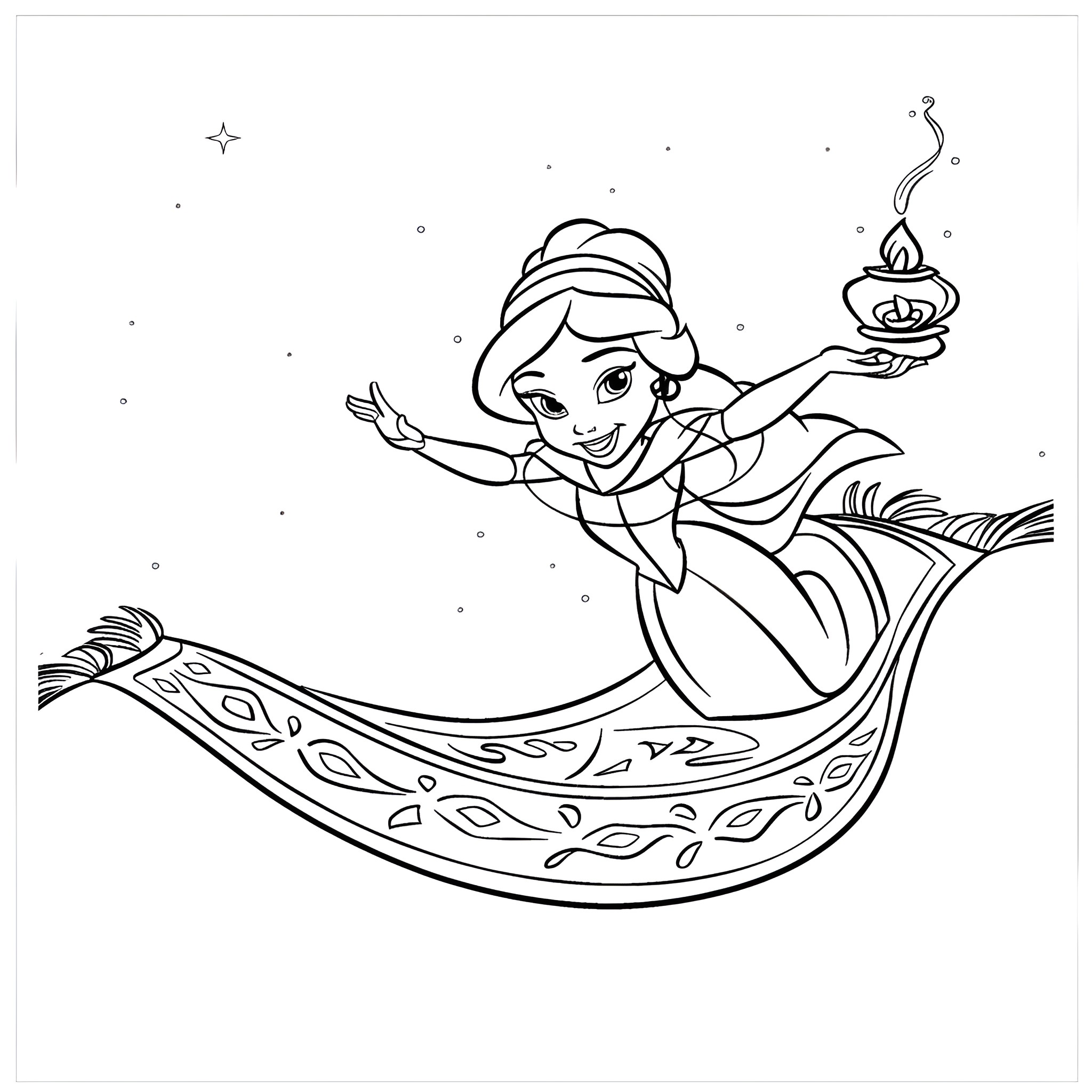 Disney Princess Jasmine's Magical Carpet Ride Coloring Page (free black-and-white line drawing printable PDF for all, from beginners to advanced learners, including children, teens, adults, and seniors)