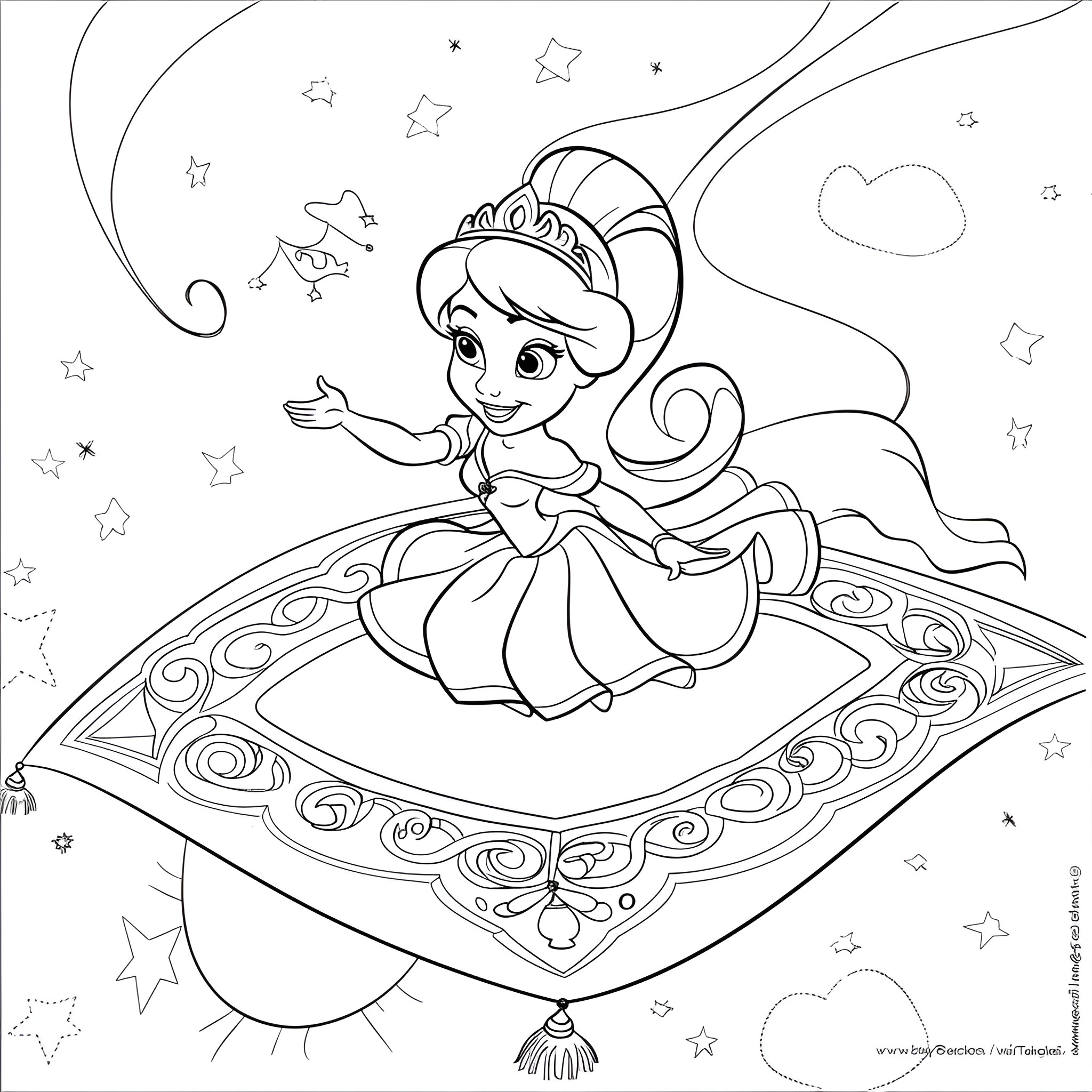 Disney Princess Jasmine riding a magic carpet Coloring Page (free black-and-white line drawing printable PDF for all, from beginners to advanced learners, including children, teens, adults, and seniors)