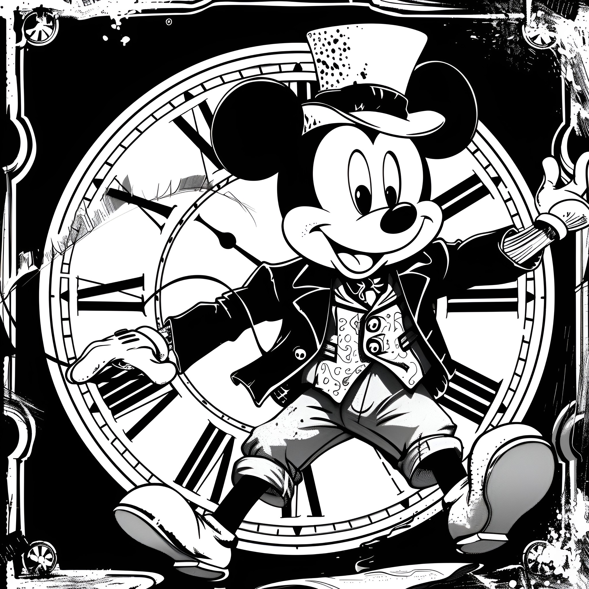 Mickey Mouse in Fancy Dress and Top Hat Coloring Page (free black-and-white line drawing printable PDF for all, from beginners to advanced learners, including children, teens, adults, and seniors)
