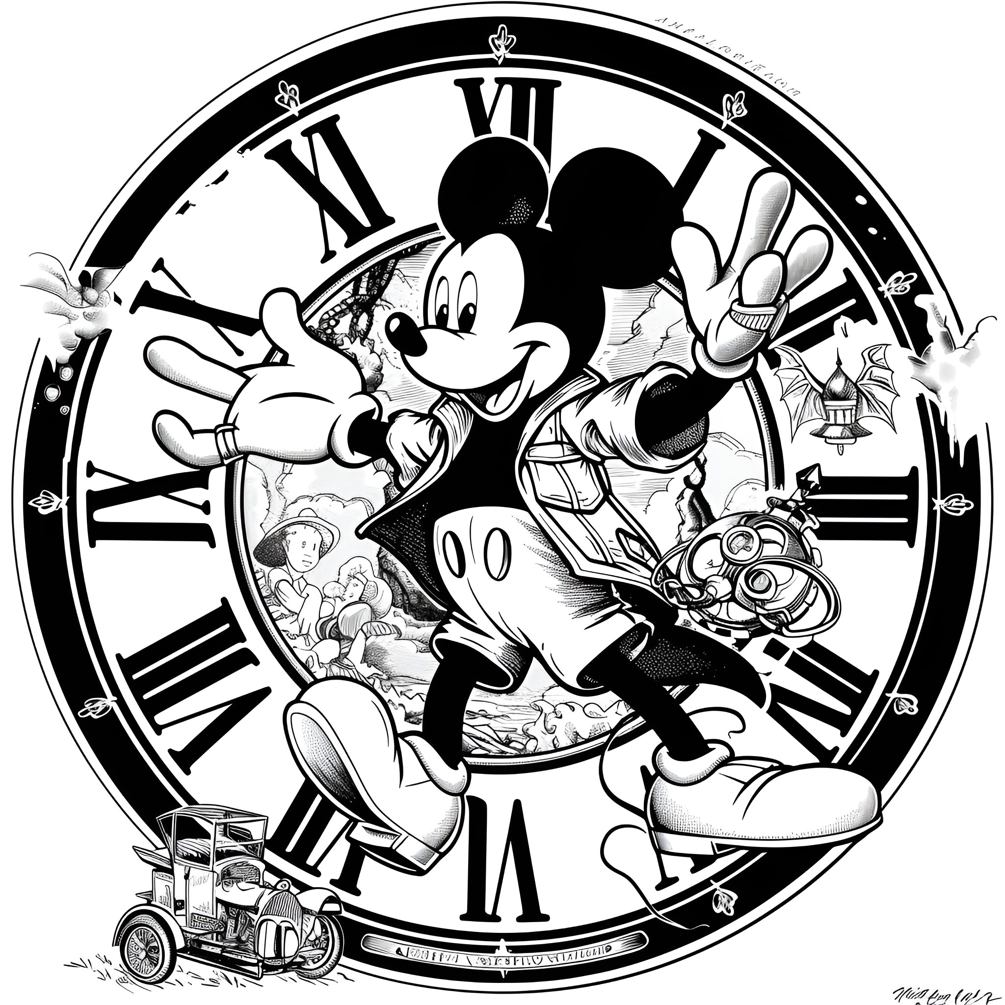 Mickey Mouse's whimsical clock adventure Coloring Page (free black-and-white line drawing printable PDF for all, from beginners to advanced learners, including children, teens, adults, and seniors)