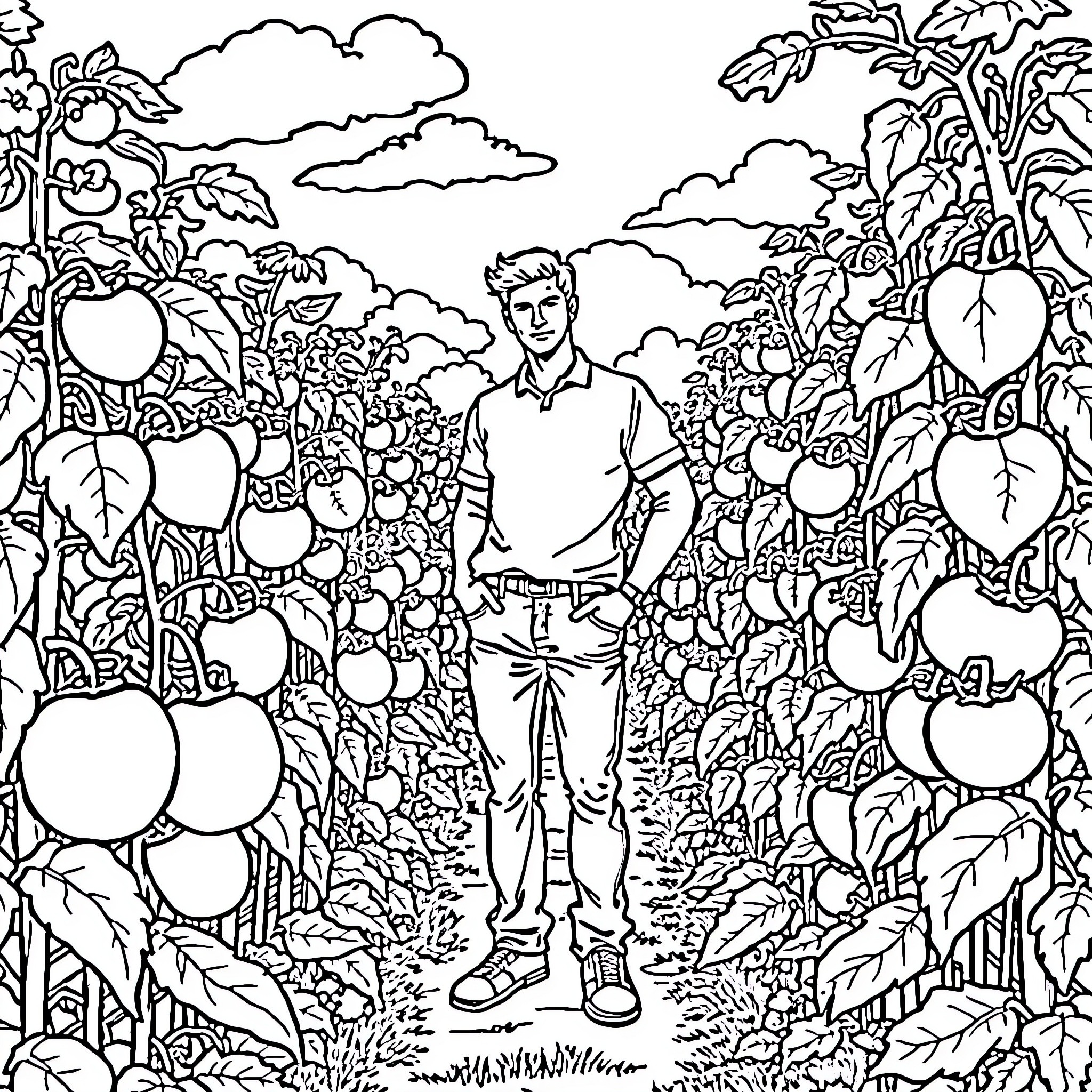 Man explores lush garden amid flourishing vegetation Coloring Page (free black-and-white line drawing printable PDF for all, from beginners to advanced learners, including children, teens, adults, and seniors)