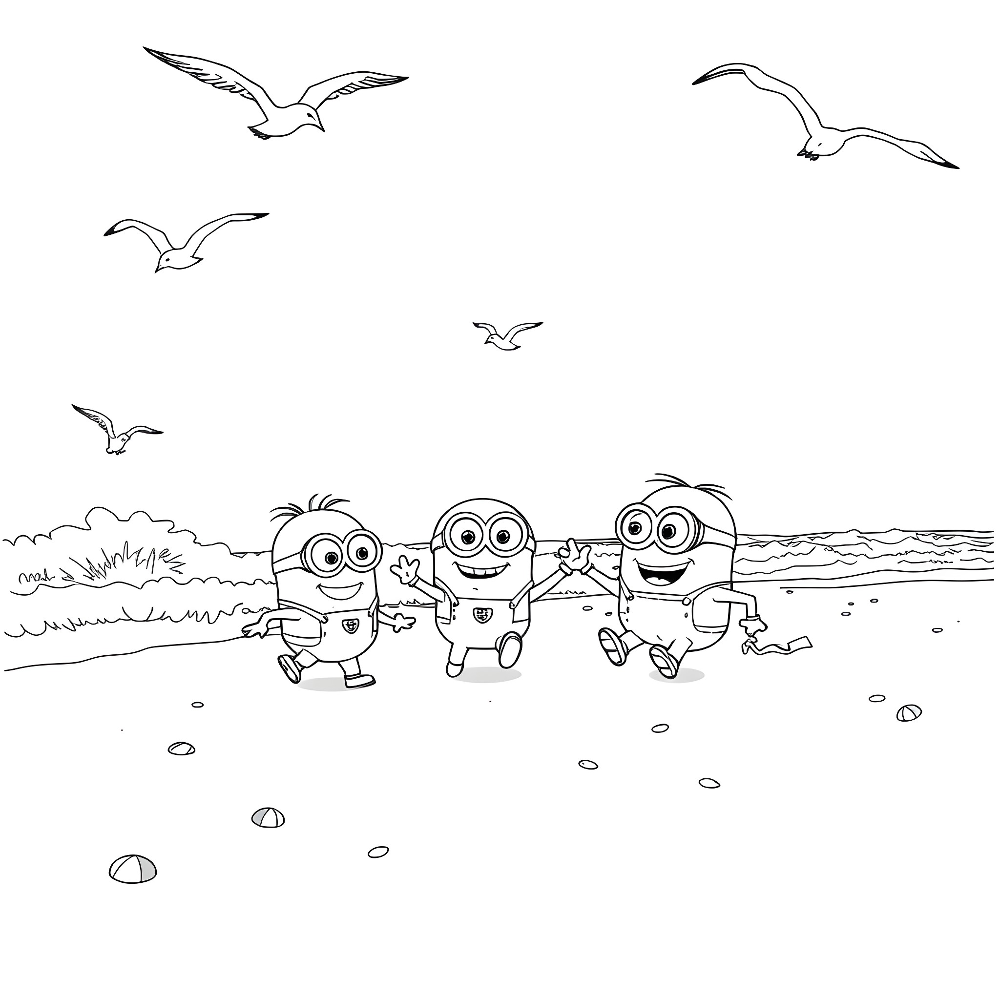 Minions playing joyfully on the beach Coloring Page (free black-and-white line drawing printable PDF for all, from beginners to advanced learners, including children, teens, adults, and seniors)