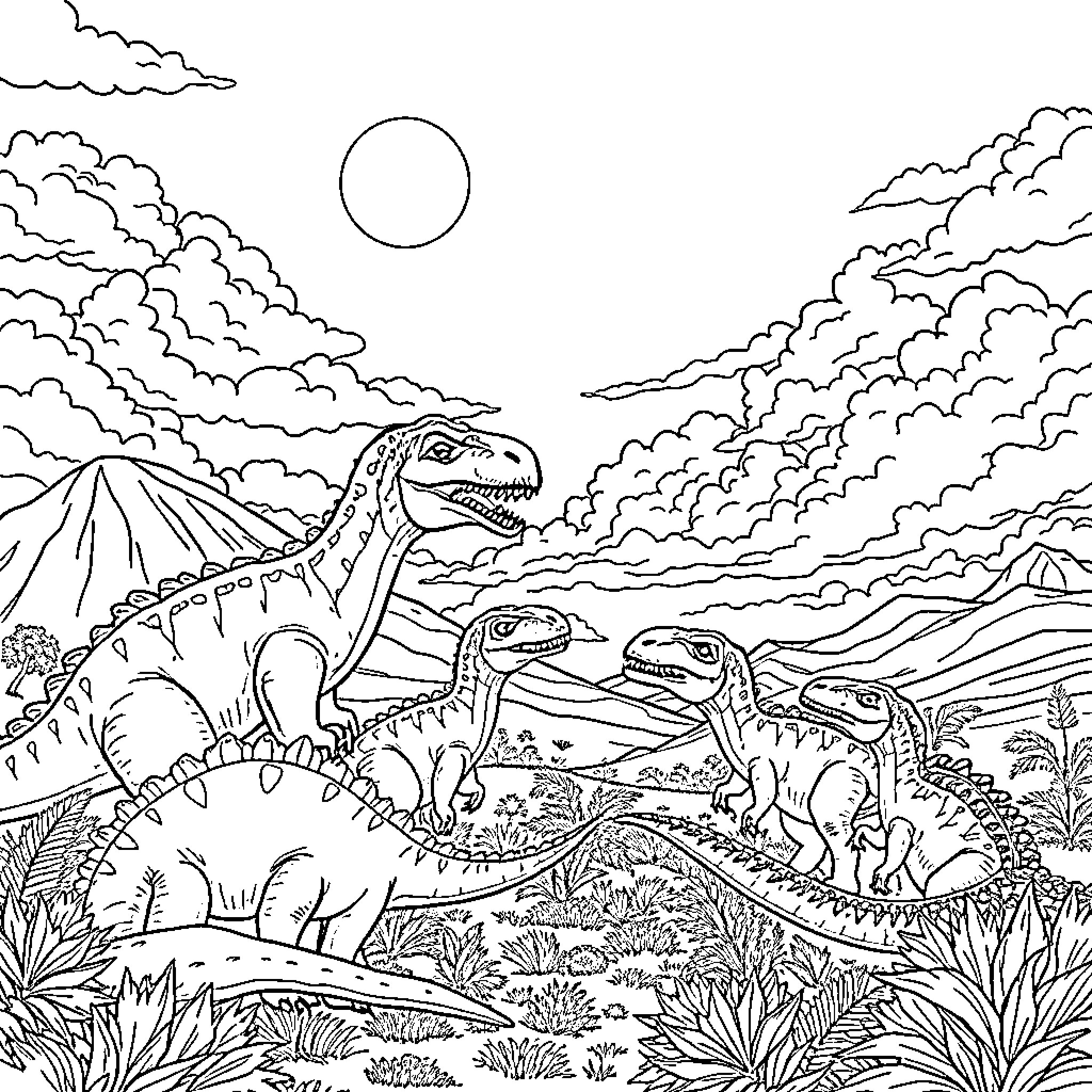 Dinosaurs in a prehistoric landscape Coloring Page (free black-and-white line drawing printable PDF for all, from beginners to advanced learners, including children, teens, adults, and seniors)