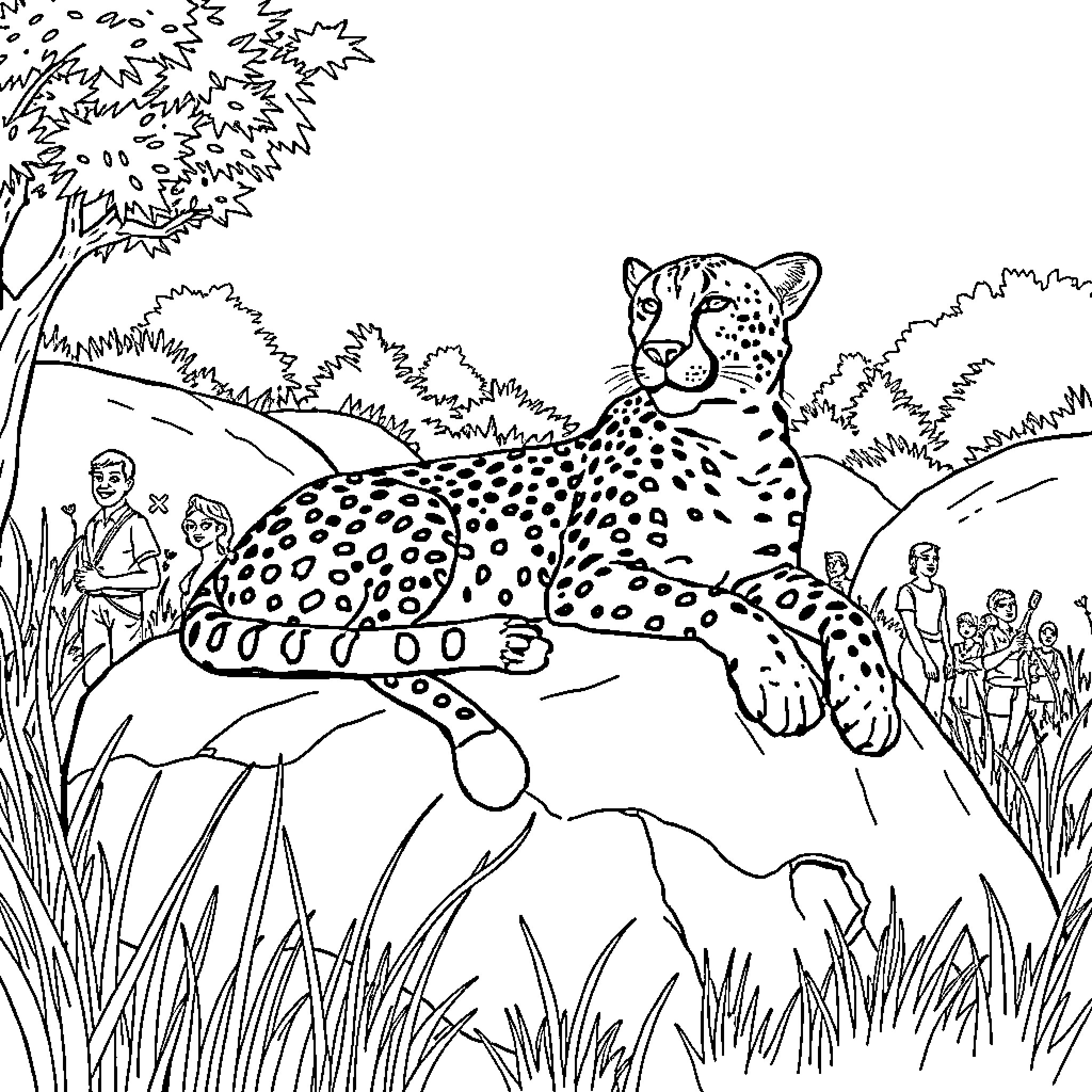 Cheetah resting in the wild jungle Coloring Page (free black-and-white line drawing printable PDF for all, from beginners to advanced learners, including children, teens, adults, and seniors)