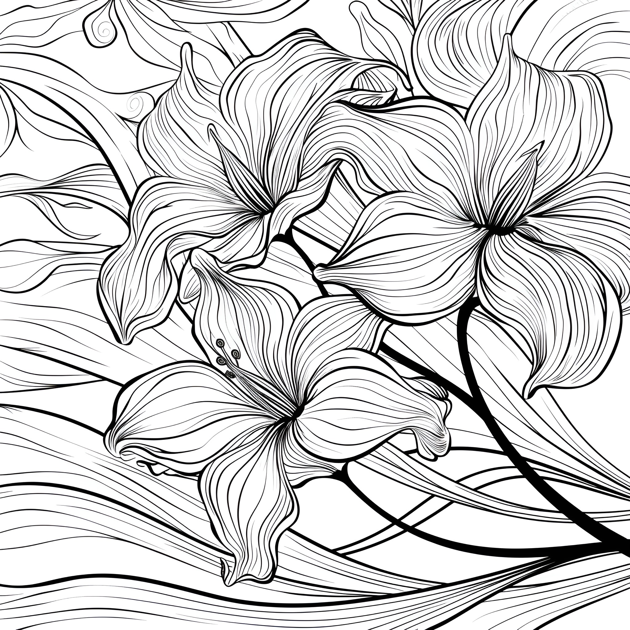 Flowers blooming beautifully in the wind Coloring Page (free black-and-white line drawing printable PDF for all, from beginners to advanced learners, including children, teens, adults, and seniors)