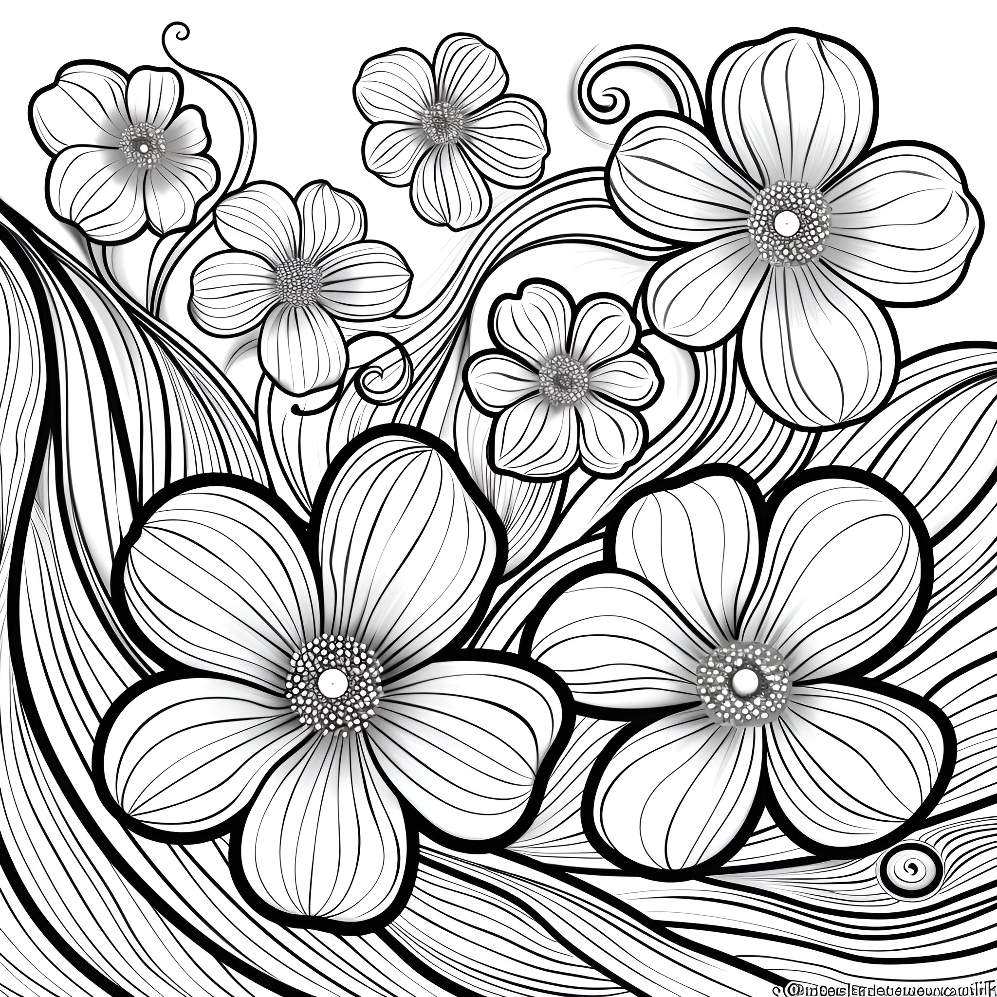 Flowers blooming with vibrant patterns Coloring Page (free black-and-white line drawing printable PDF for all, from beginners to advanced learners, including children, teens, adults, and seniors)
