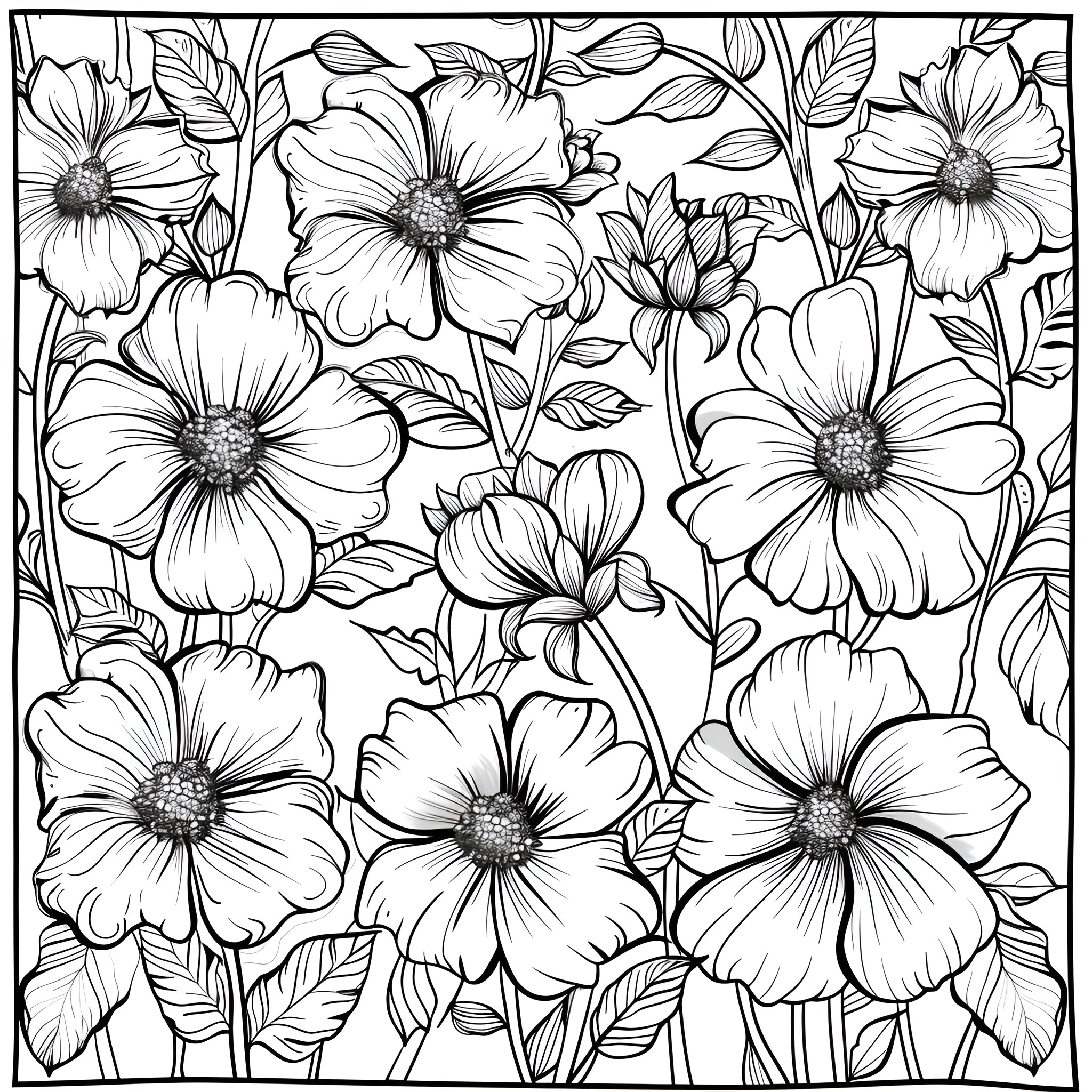 Flowers in full bloom and vibrant display Coloring Page (free black-and-white line drawing printable PDF for all, from beginners to advanced learners, including children, teens, adults, and seniors)