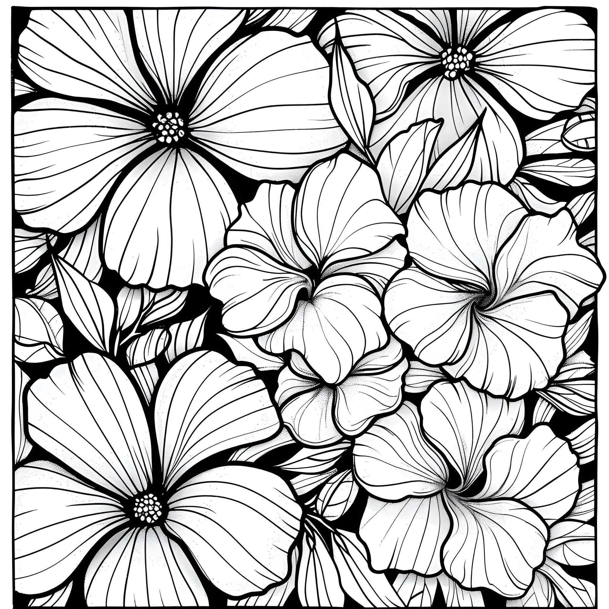 Flowers blooming joyfully in a garden Coloring Page (free black-and-white line drawing printable PDF for all, from beginners to advanced learners, including children, teens, adults, and seniors)