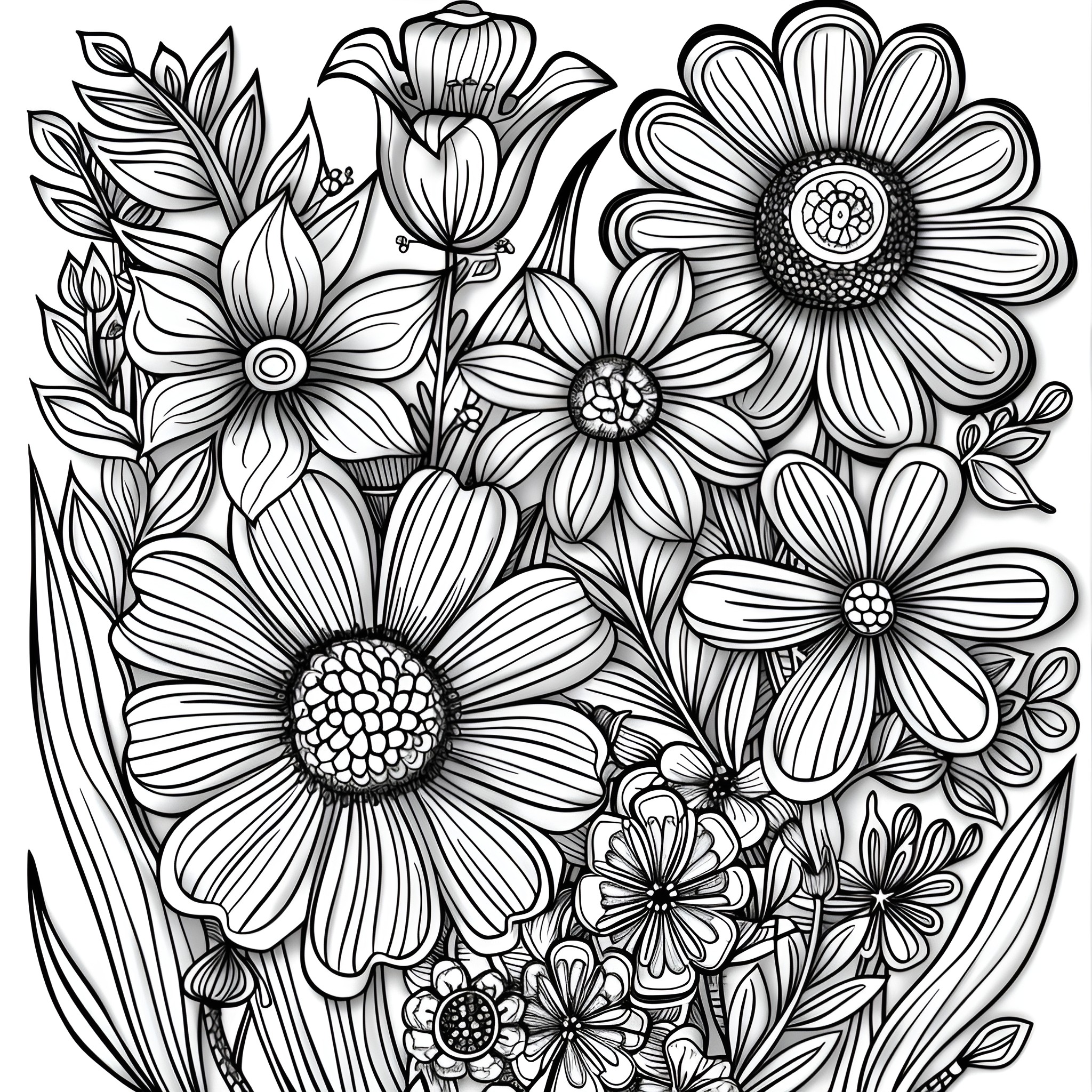 Flowers in Bloom: A Vibrant Garden Scene Coloring Page (free black-and-white line drawing printable PDF for all, from beginners to advanced learners, including children, teens, adults, and seniors)