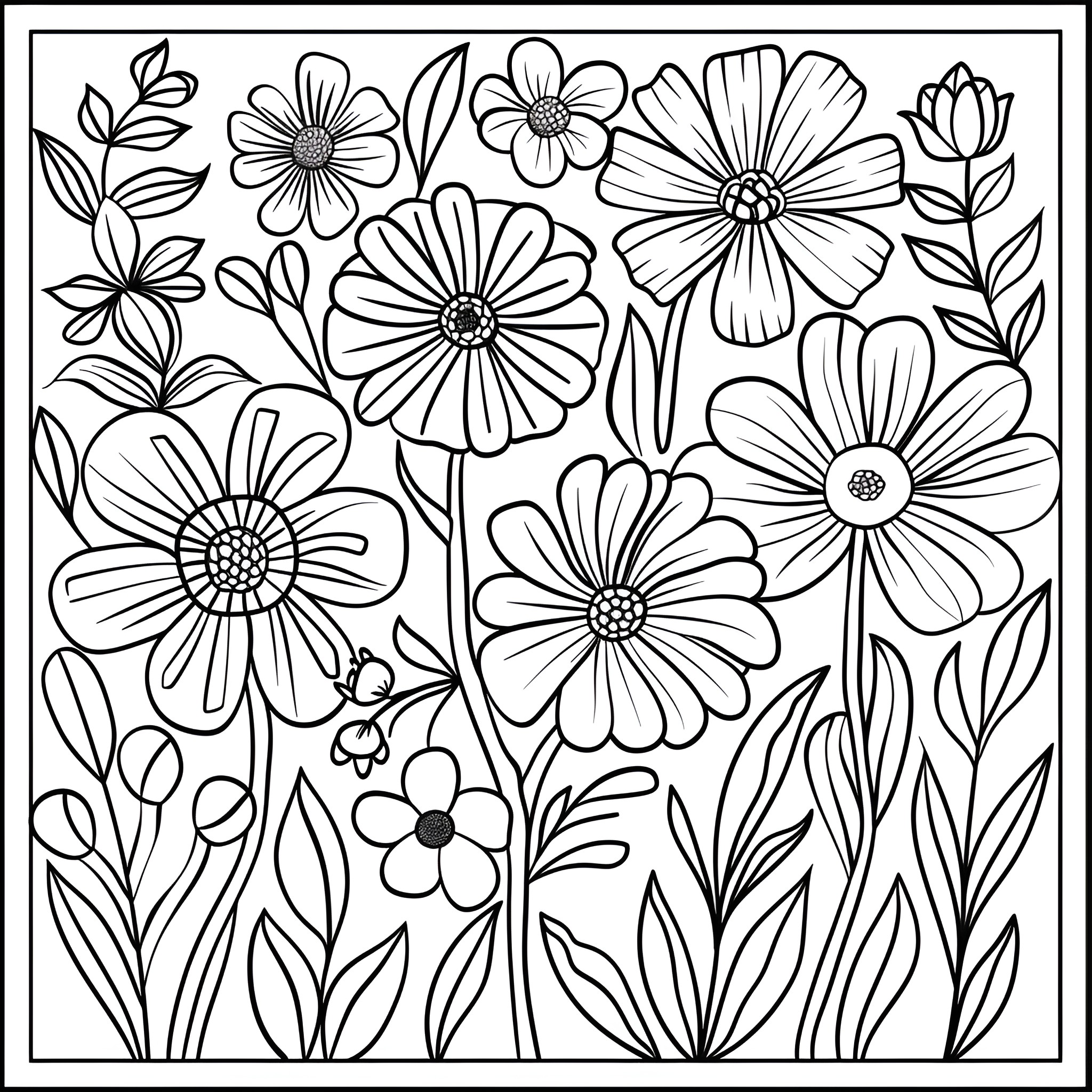 Flowers in Bloom: A Vibrant Garden Scene Coloring Page (free black-and-white line drawing printable PDF for all, from beginners to advanced learners, including children, teens, adults, and seniors)