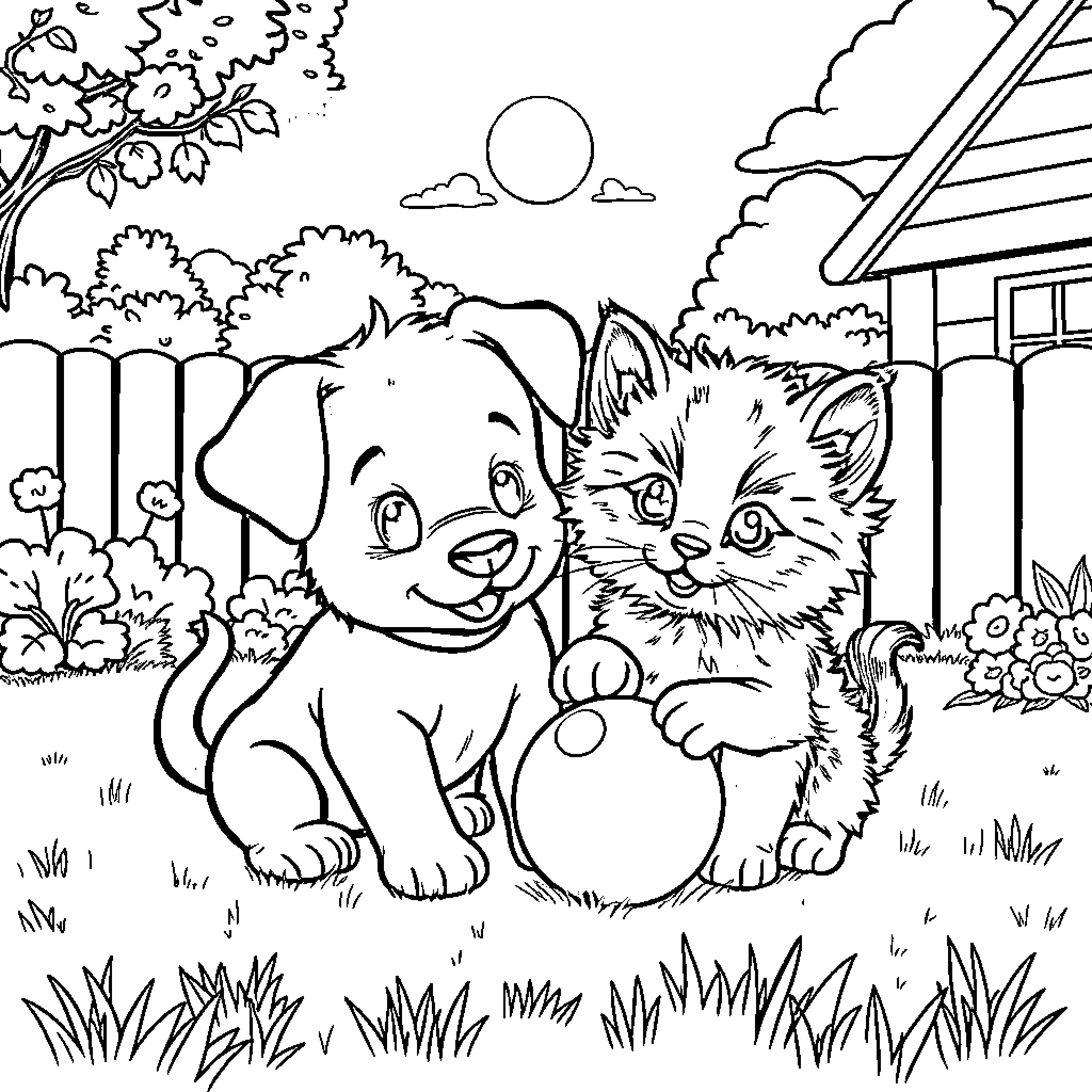 Puppy and Kitten Playing in the Yard Coloring Page (free black-and-white line drawing printable PDF for all, from beginners to advanced learners, including children, teens, adults, and seniors)