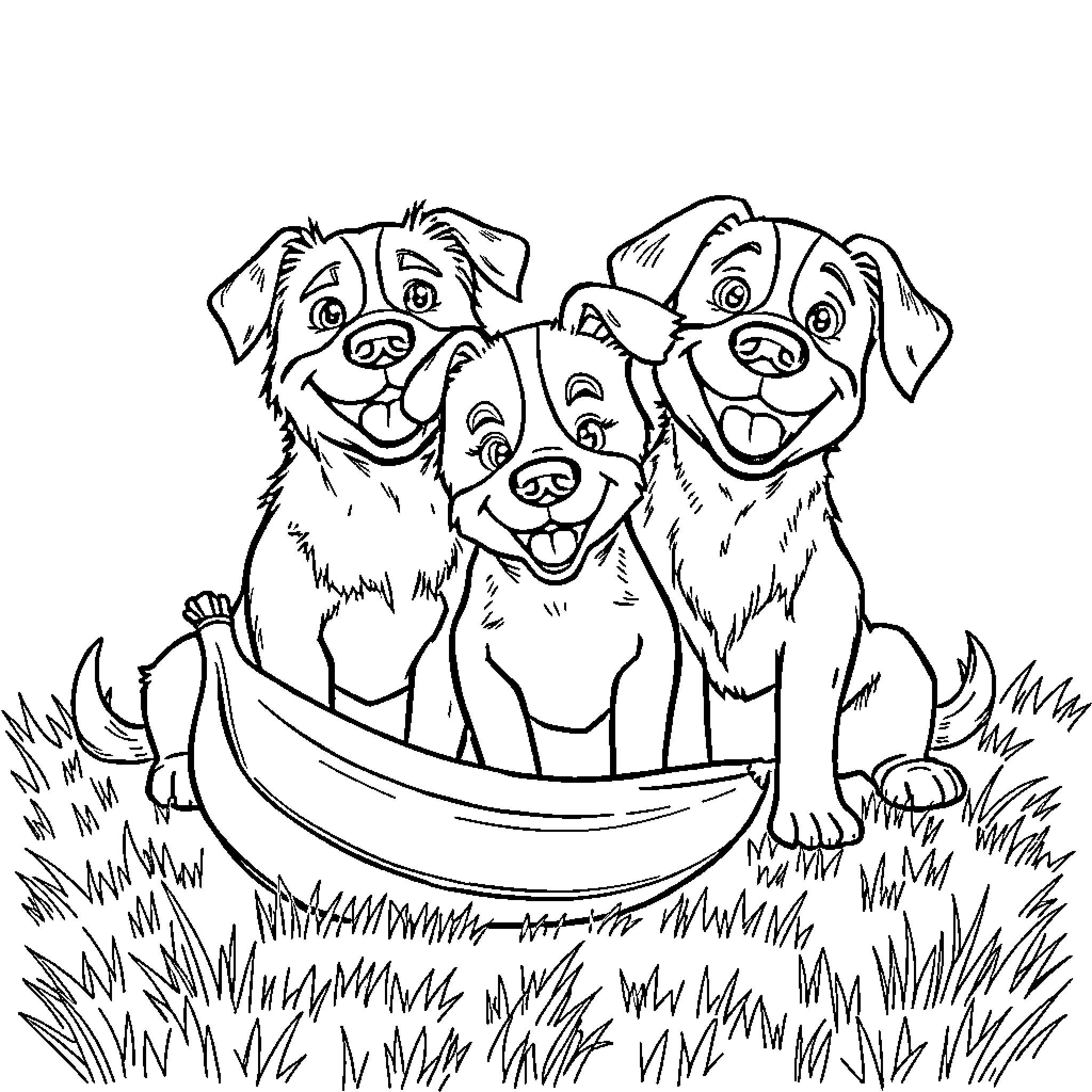 Banana trio of happy puppies in the park Coloring Page (free black-and-white line drawing printable PDF for all, from beginners to advanced learners, including children, teens, adults, and seniors)