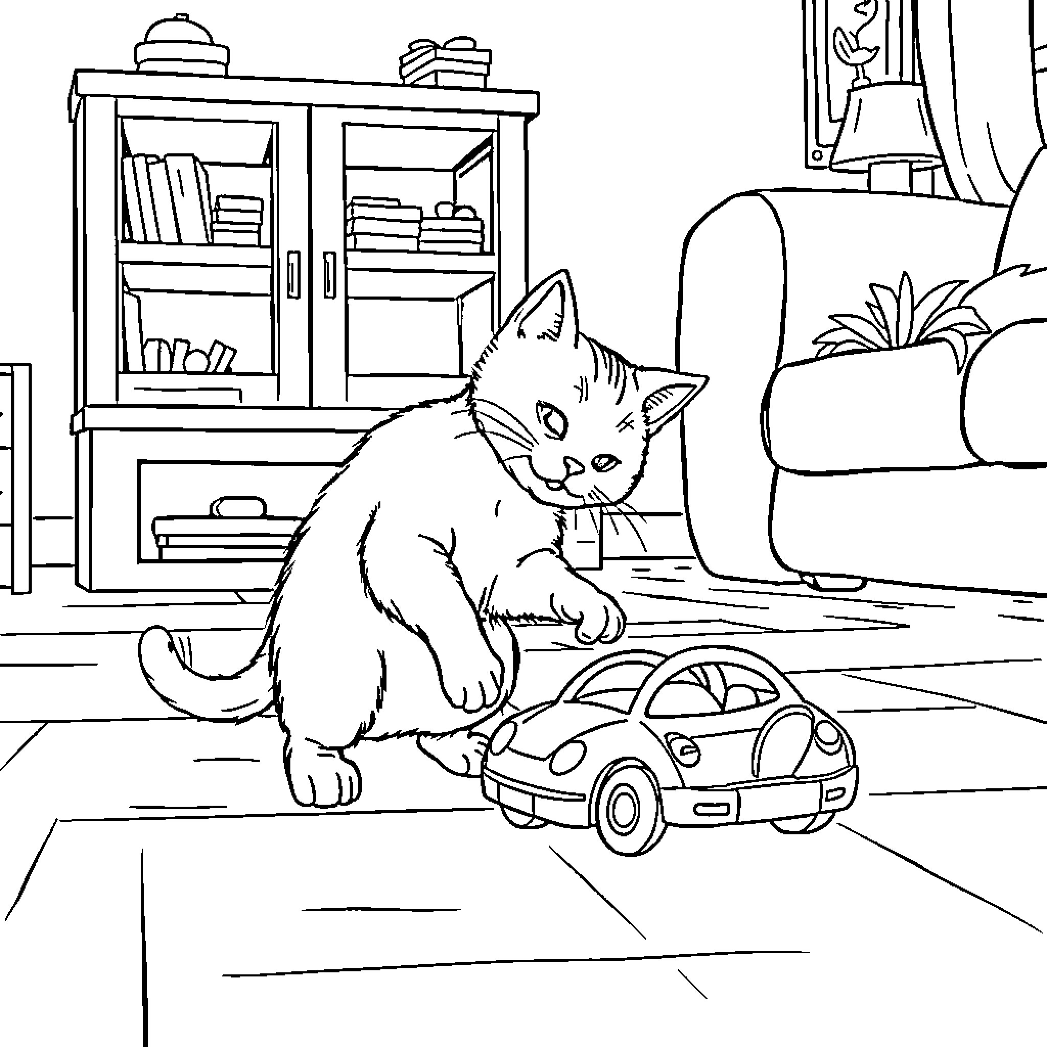 Cat playing with toy car in cozy room Coloring Page (free black-and-white line drawing printable PDF for all, from beginners to advanced learners, including children, teens, adults, and seniors)