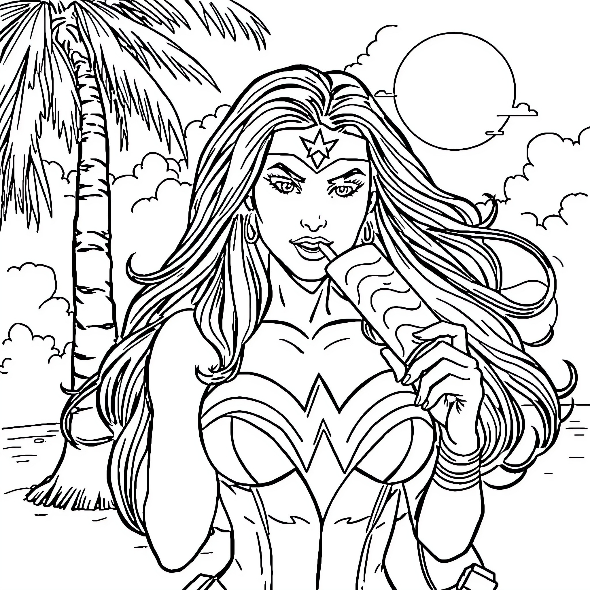 Wonder Woman in Heroic Pose on Tropical Beach Coloring Page (free black-and-white line drawing printable PDF for all, from beginners to advanced learners, including children, teens, adults, and seniors)